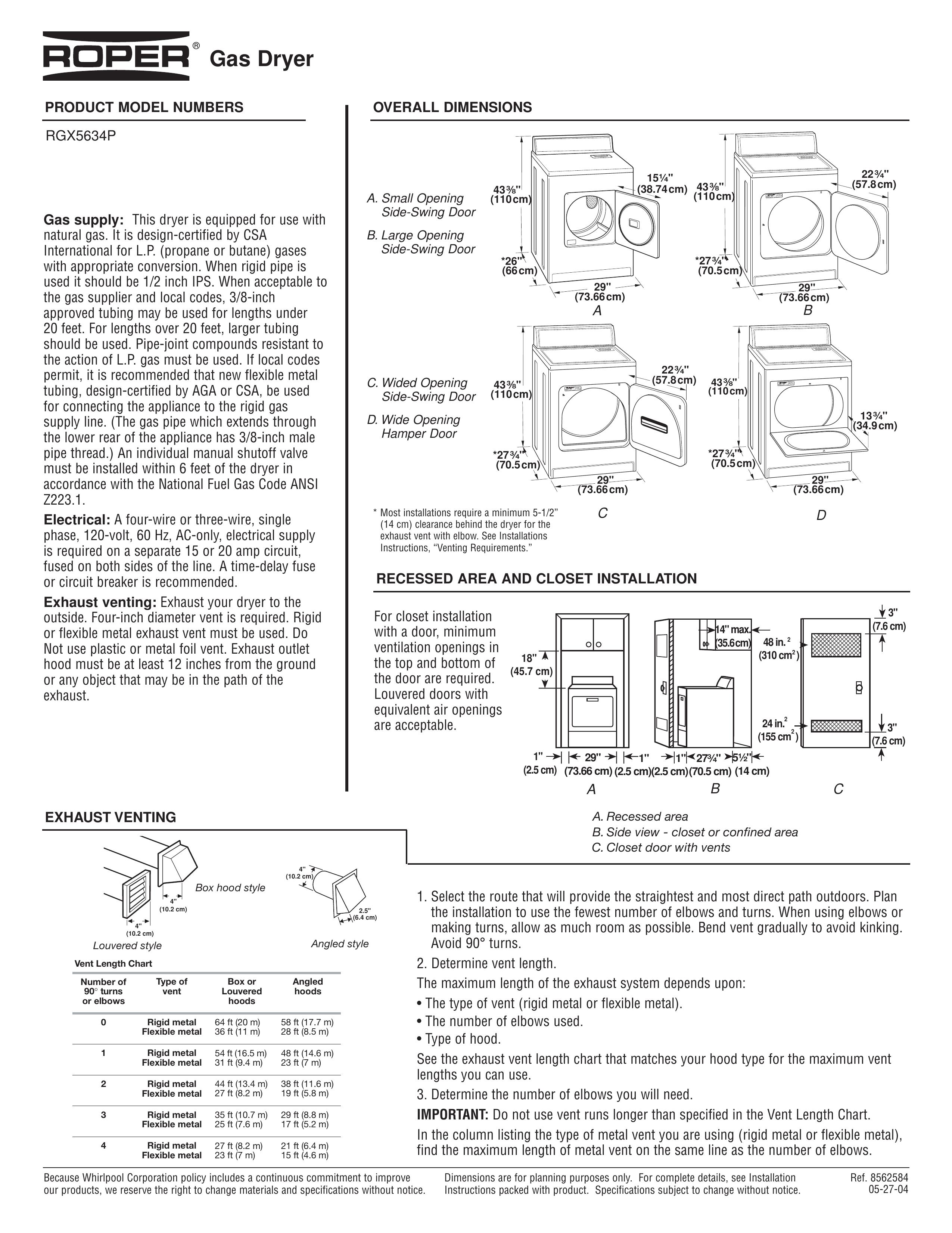 Roper RGX5634P Clothes Dryer User Manual