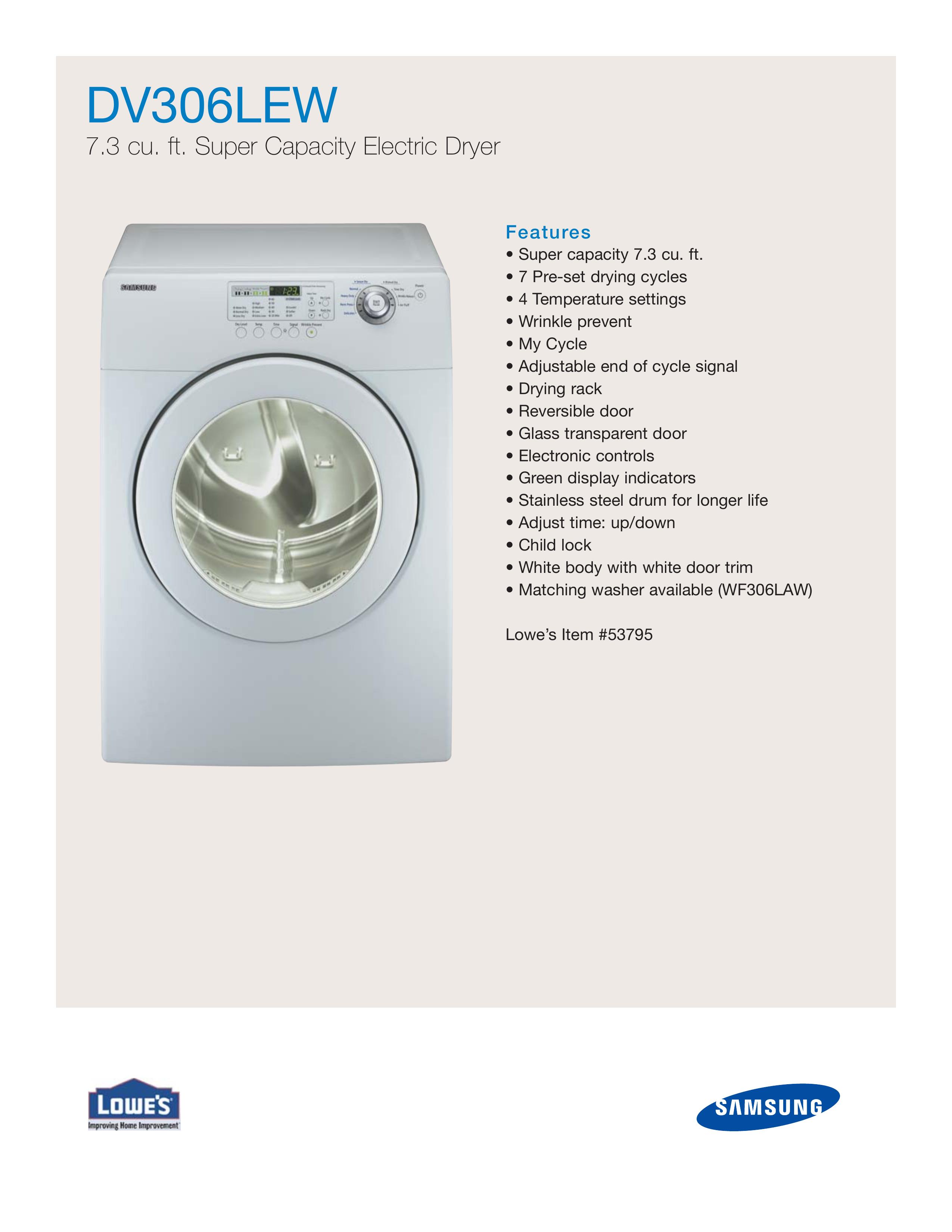 Samsung DV306LEW Clothes Dryer User Manual