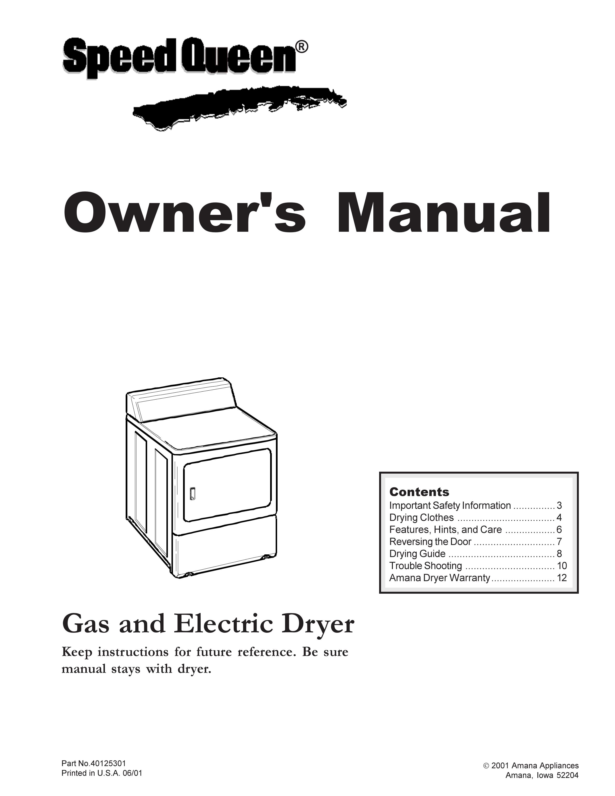 Speed Queen 40125301 Clothes Dryer User Manual
