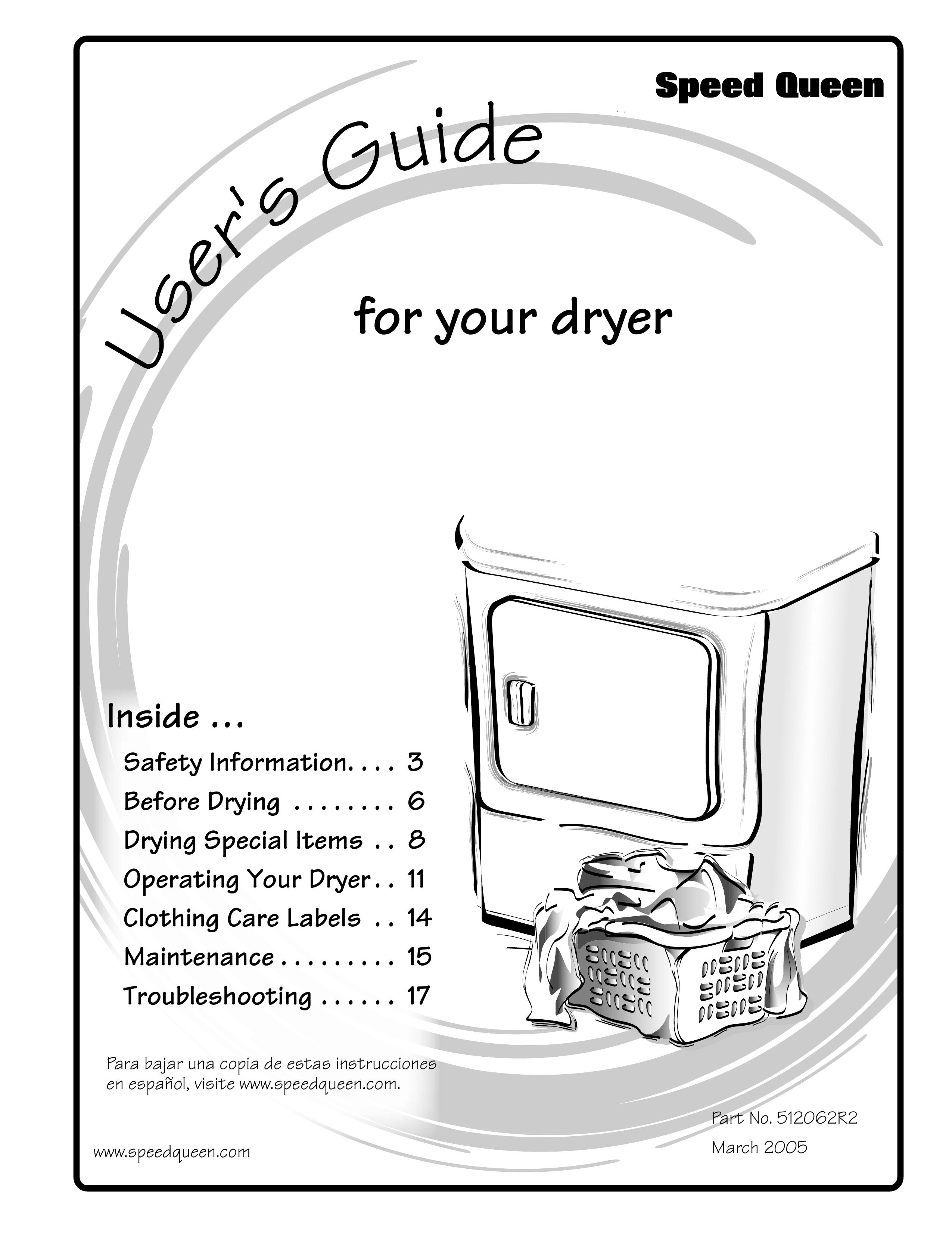 Speed Queen 51206ZKZ Clothes Dryer User Manual