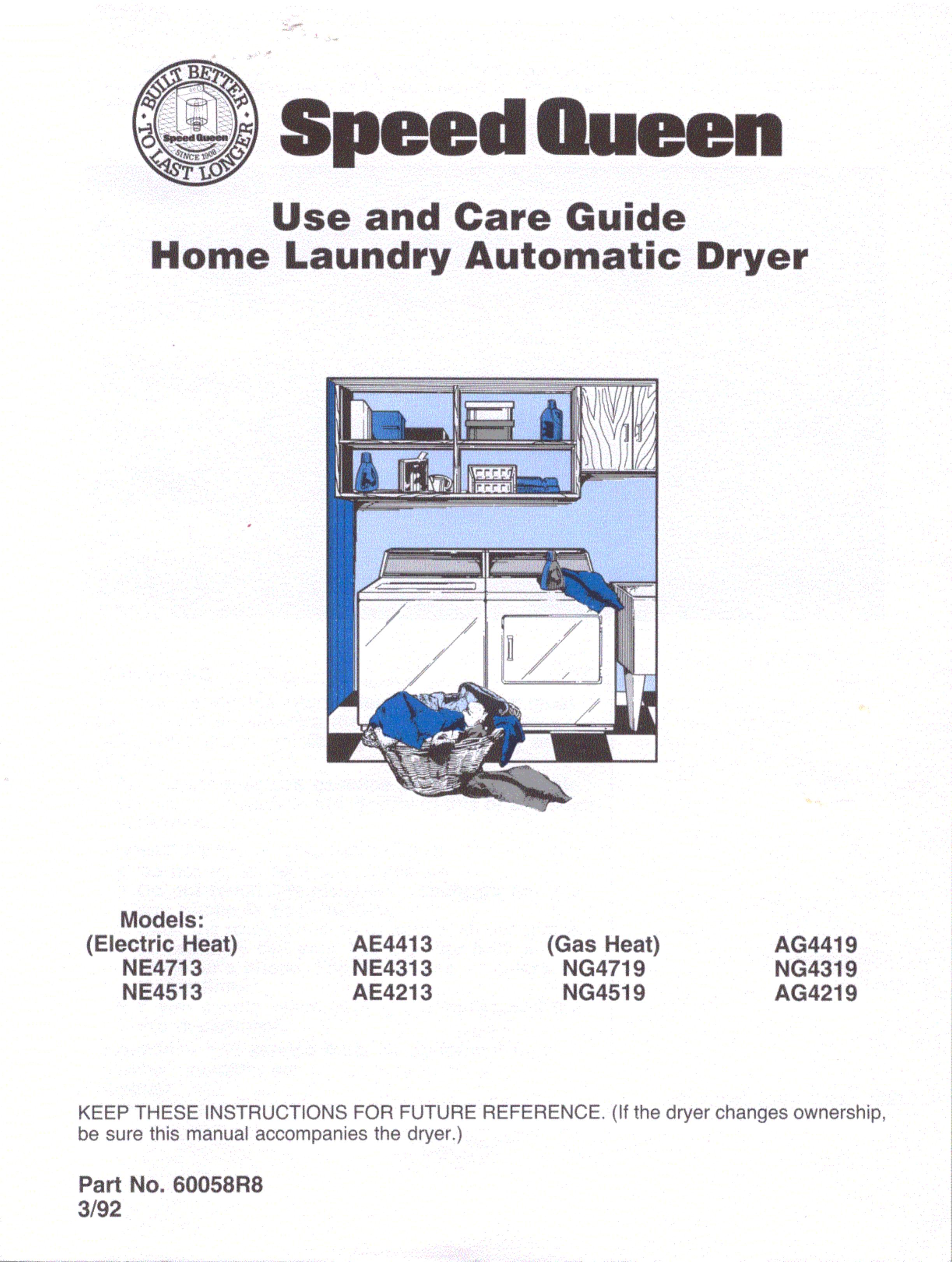 Speed Queen AE4413 Clothes Dryer User Manual