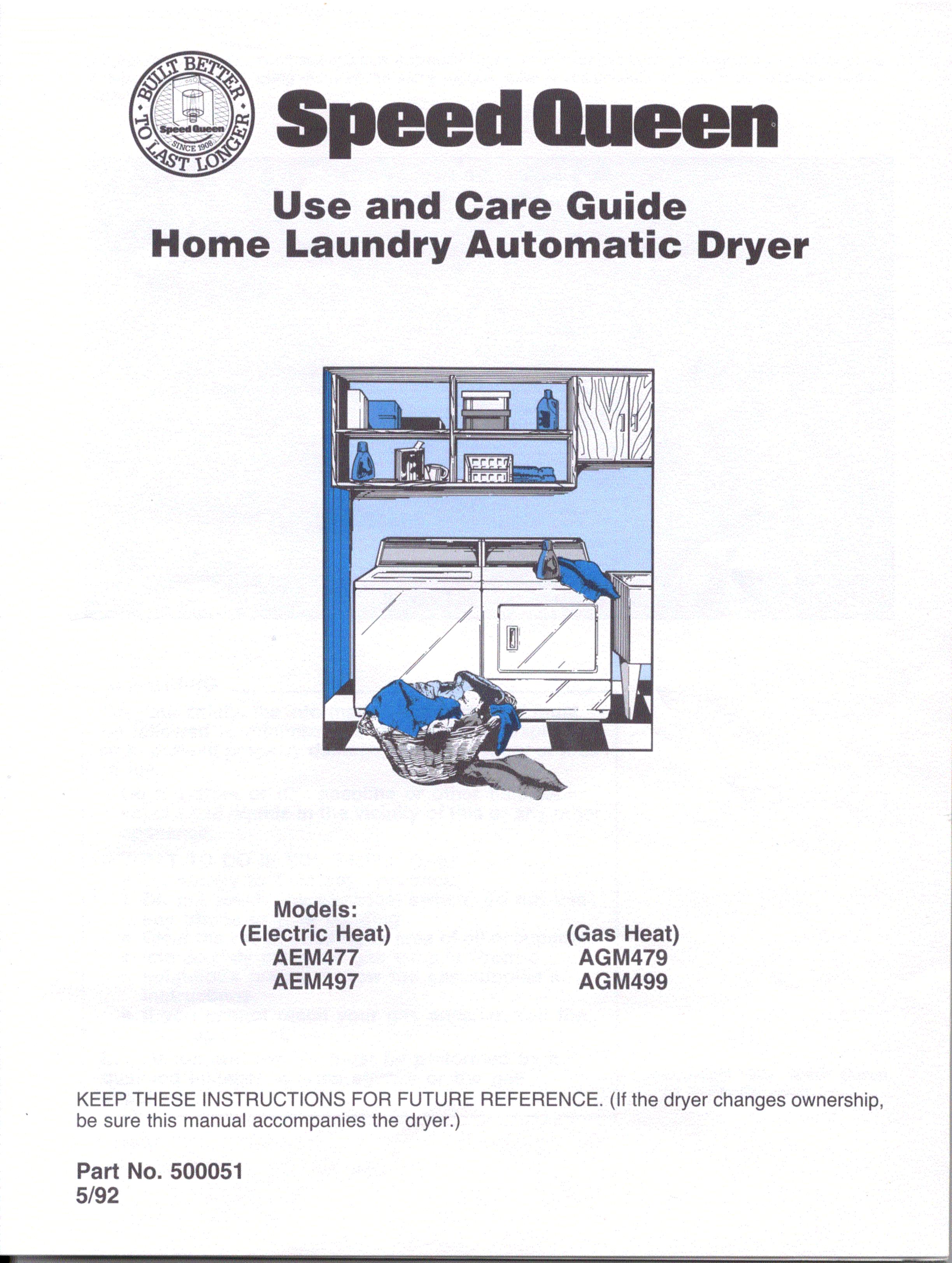 Speed Queen AEM497 Clothes Dryer User Manual