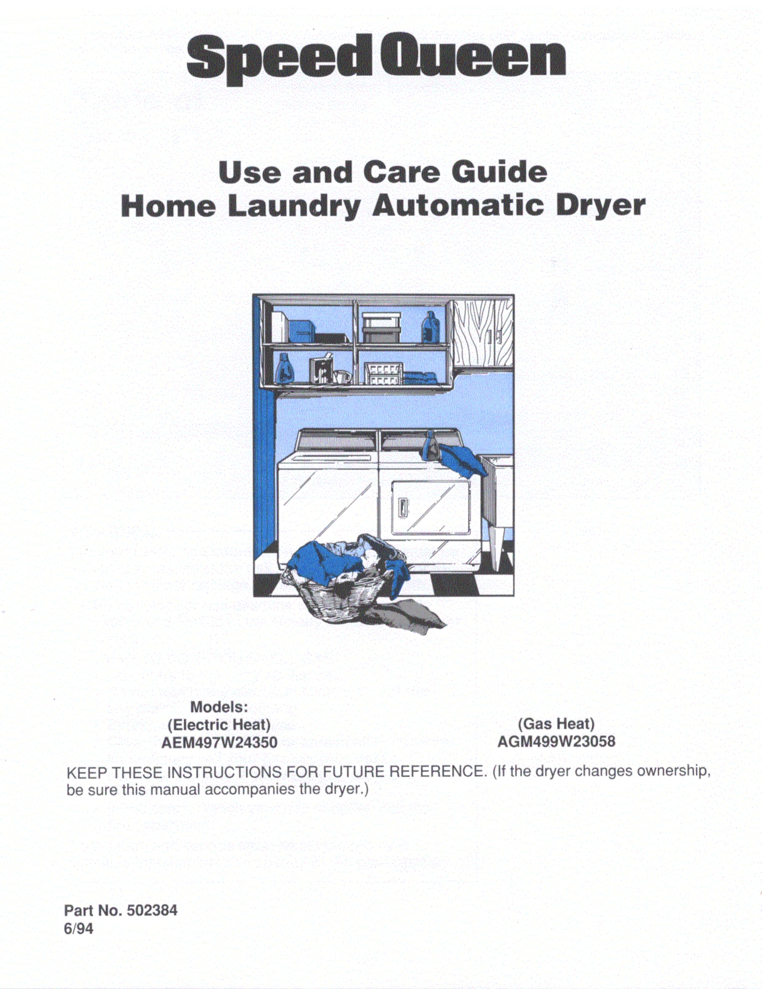 Speed Queen AEM497W24350 Clothes Dryer User Manual