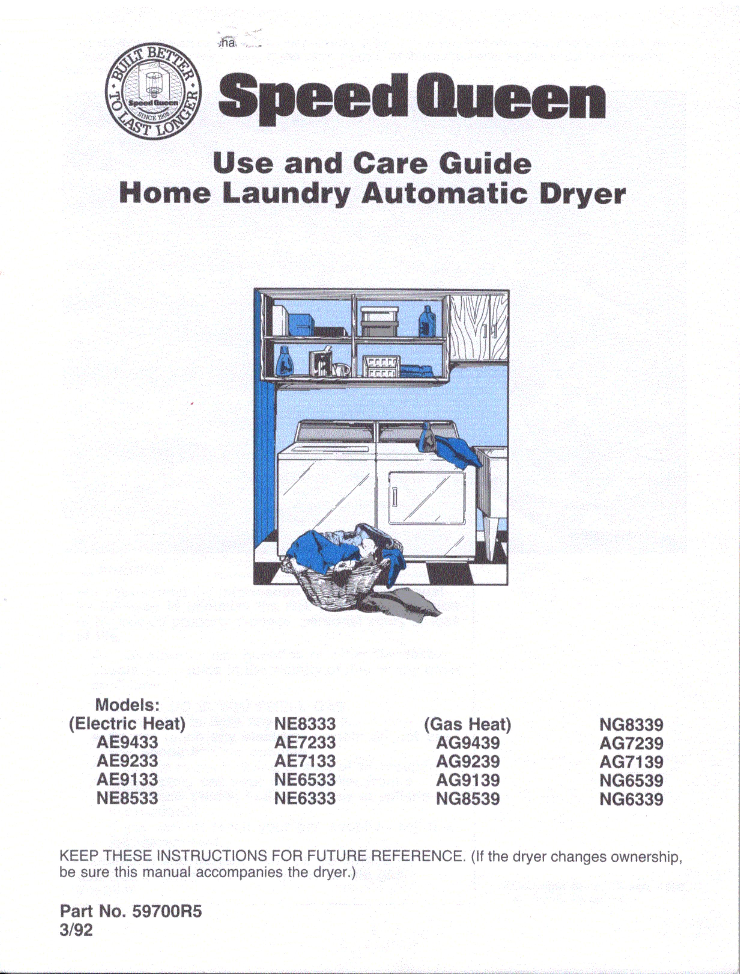 Speed Queen AG7239 Clothes Dryer User Manual