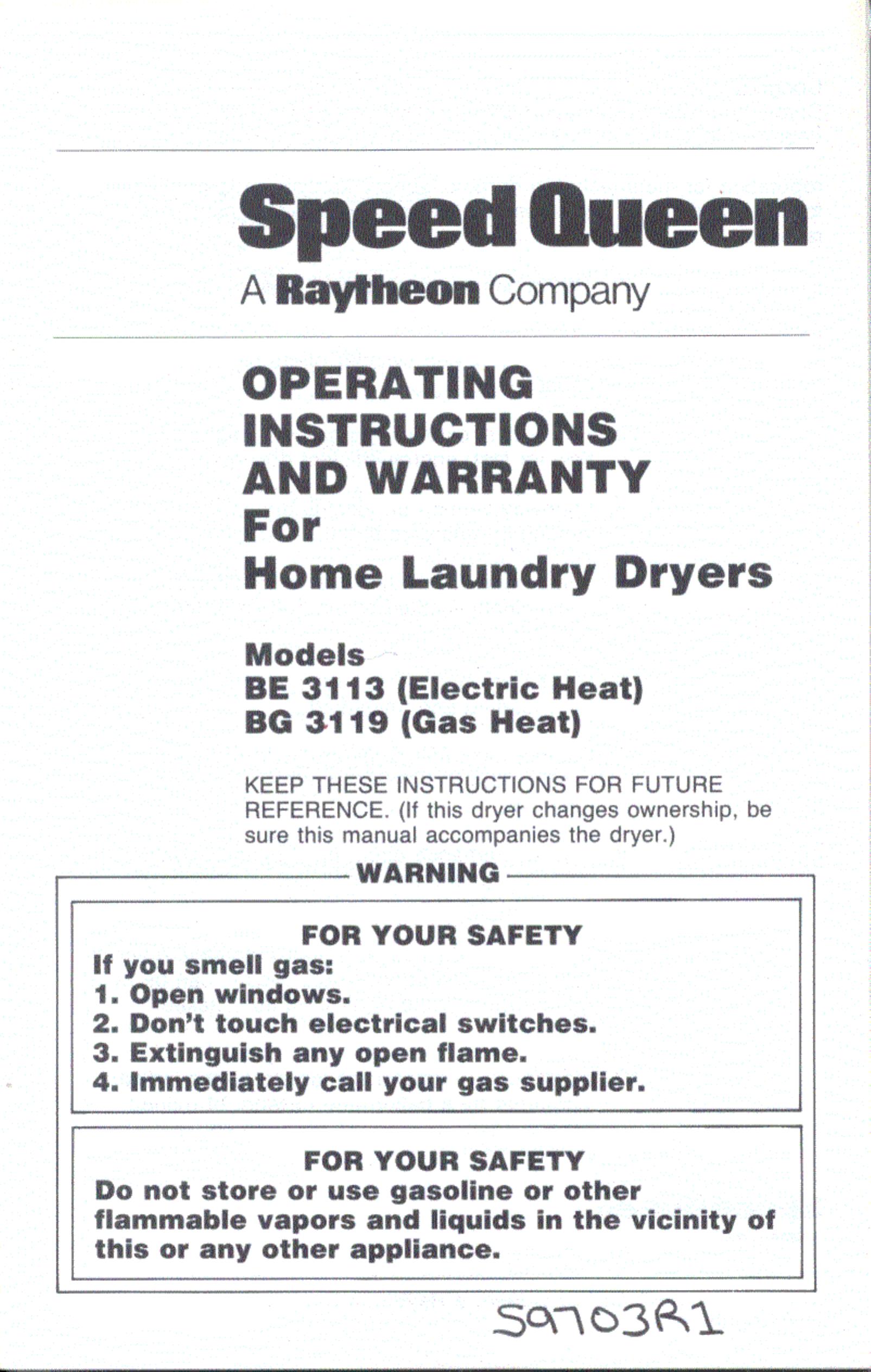 Speed Queen BE 3113 Clothes Dryer User Manual