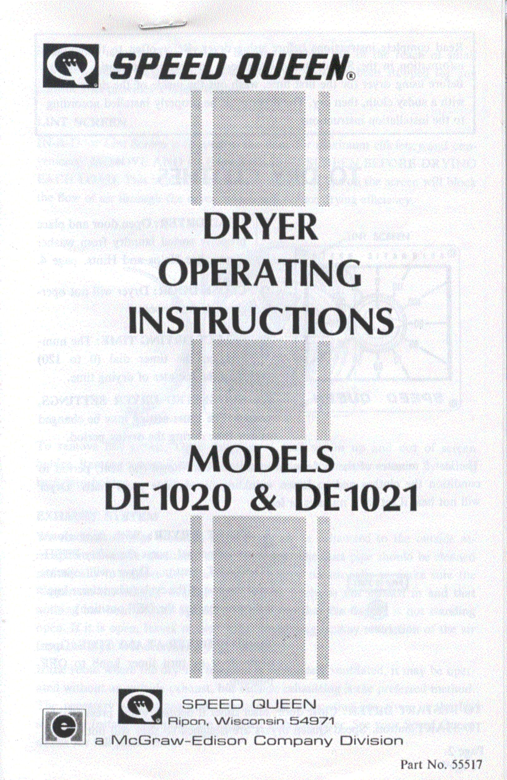 Speed Queen DE1020 Clothes Dryer User Manual