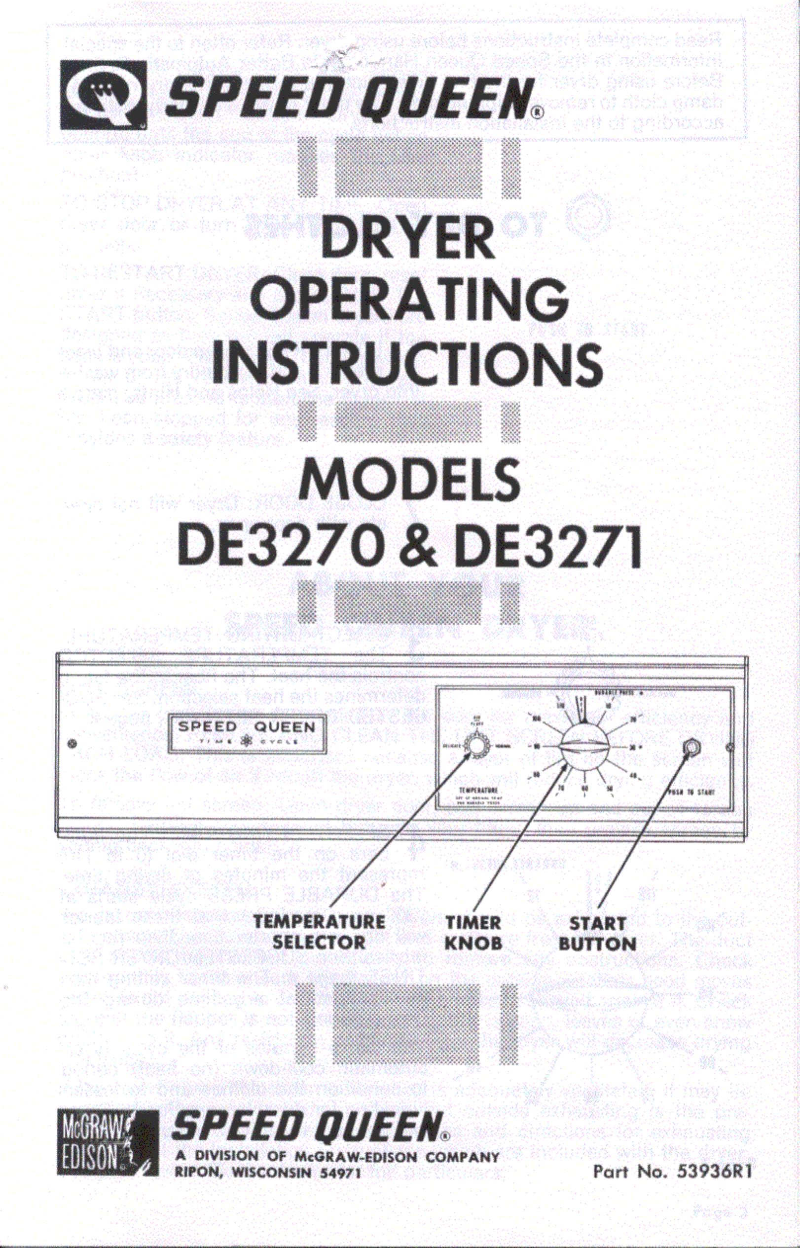 Speed Queen DE3270 Clothes Dryer User Manual