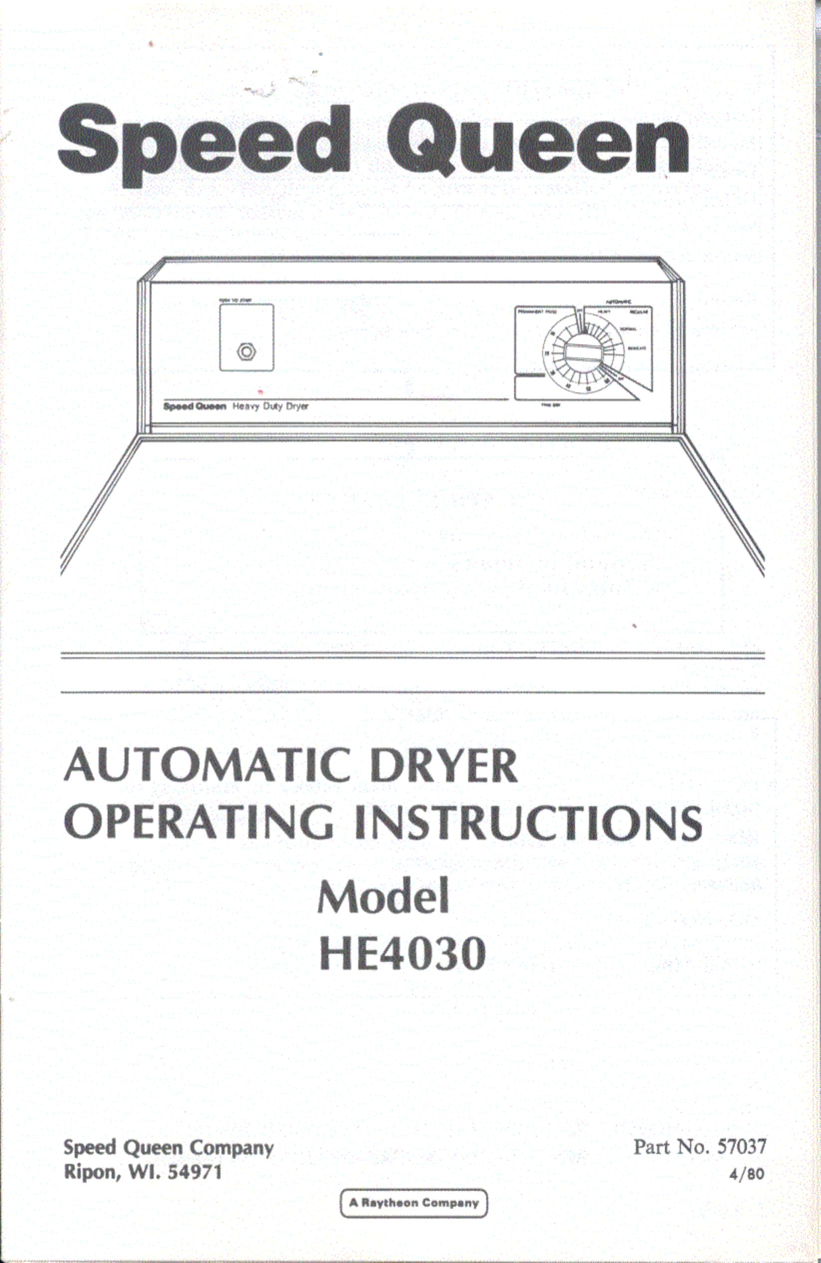 Speed Queen HE4030 Clothes Dryer User Manual