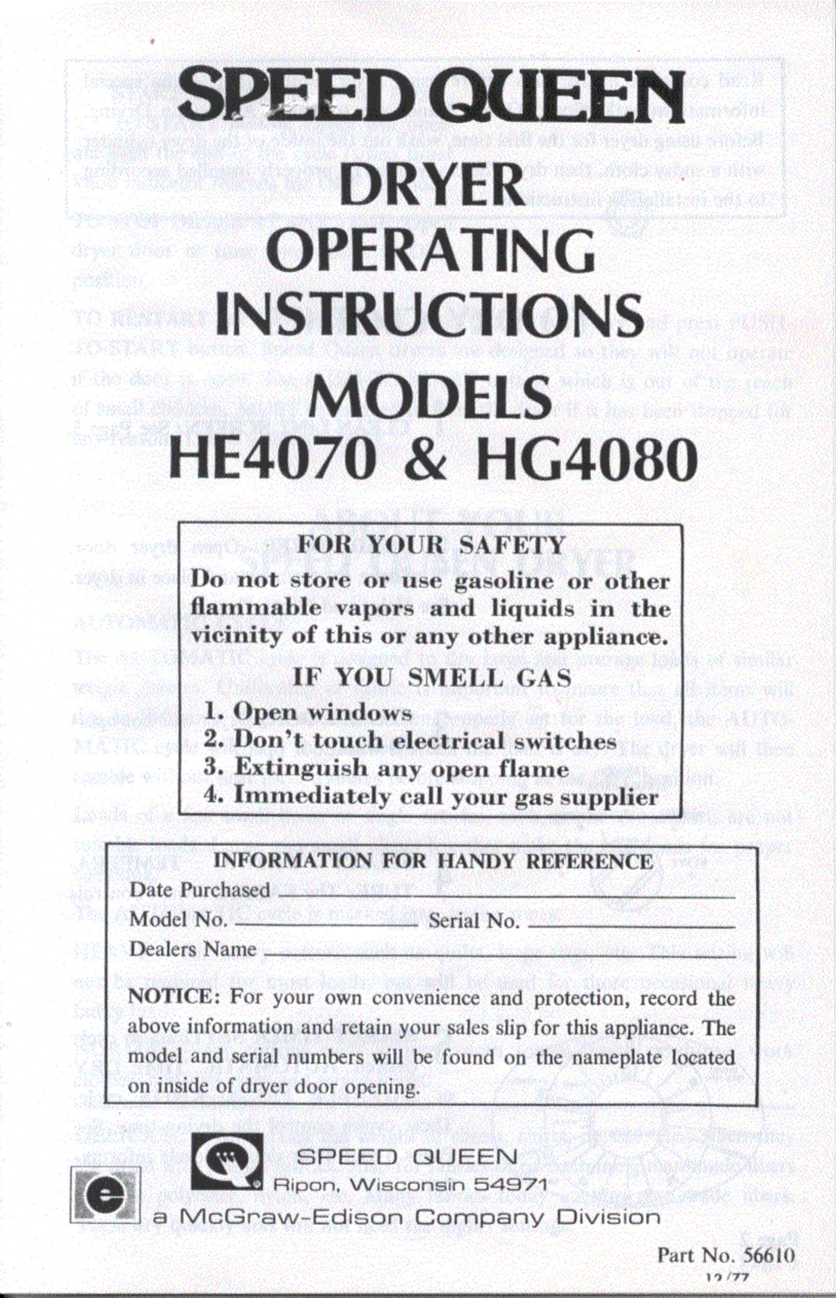Speed Queen HE4070 Clothes Dryer User Manual