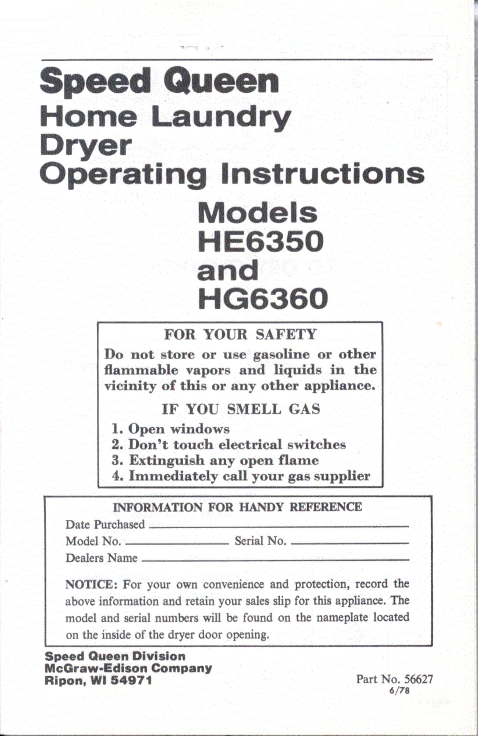 Speed Queen HE6350 Clothes Dryer User Manual