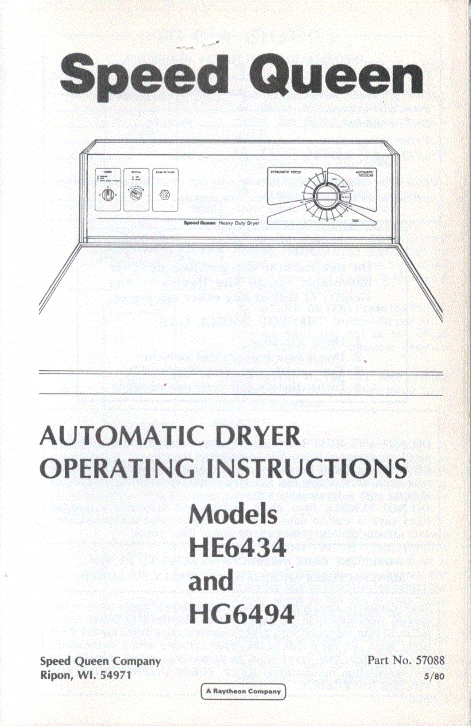 Speed Queen HE6434 Clothes Dryer User Manual
