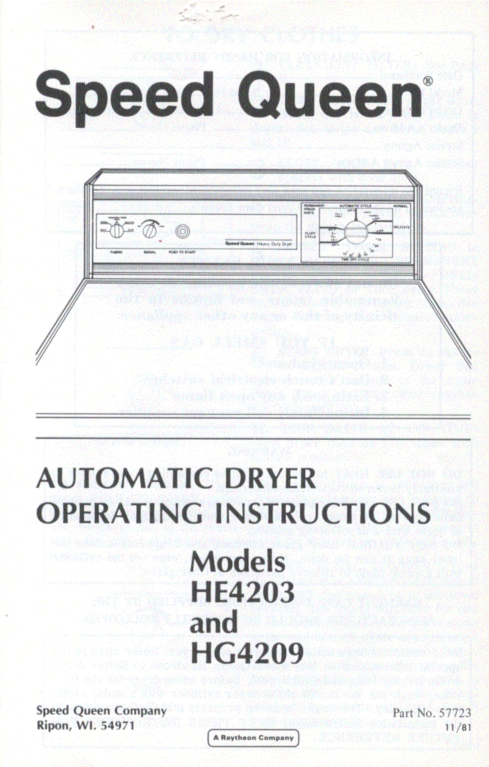 Speed Queen HG4209 Clothes Dryer User Manual