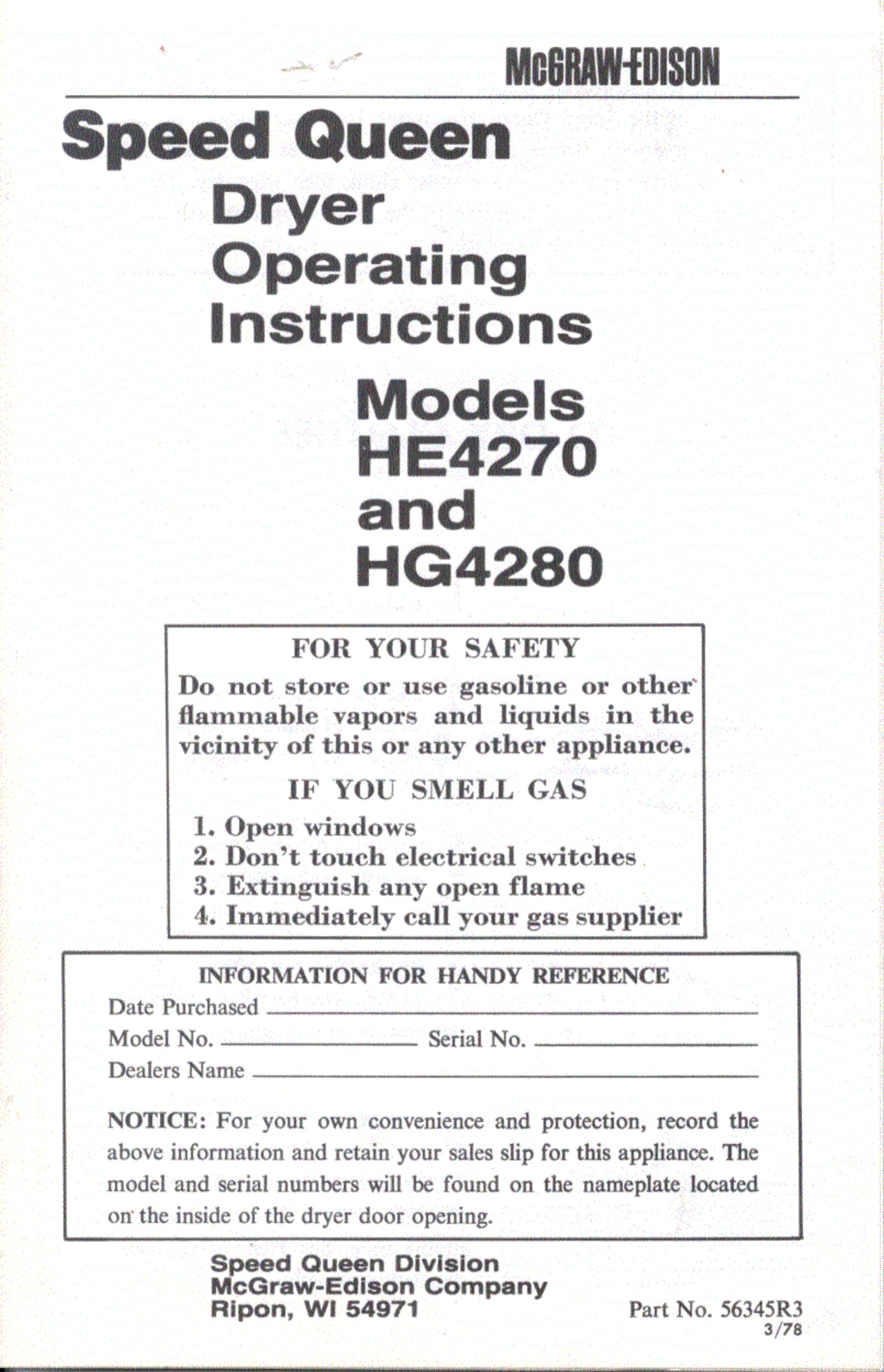 Speed Queen HG4280 Clothes Dryer User Manual