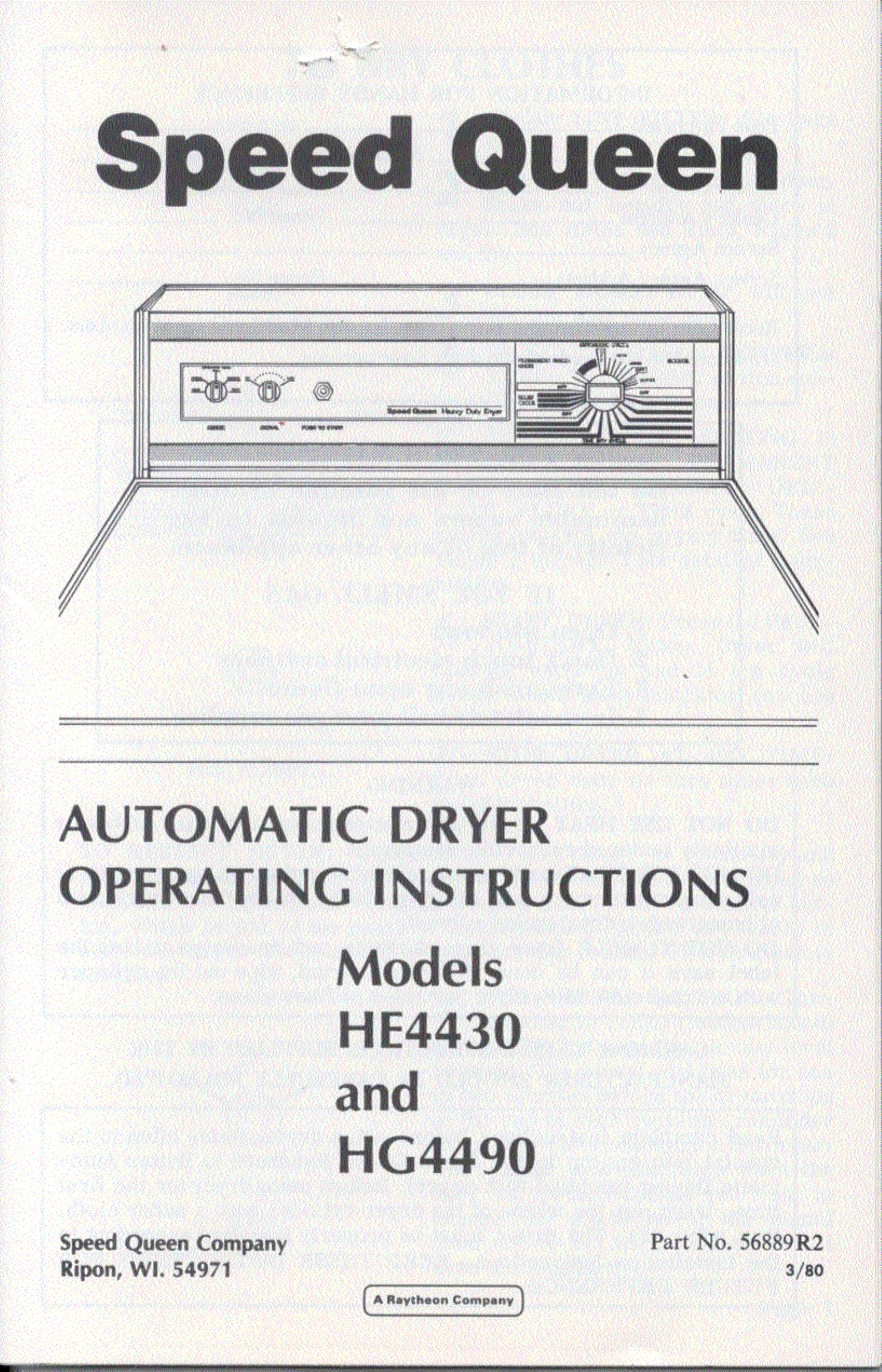 Speed Queen HG4490 Clothes Dryer User Manual