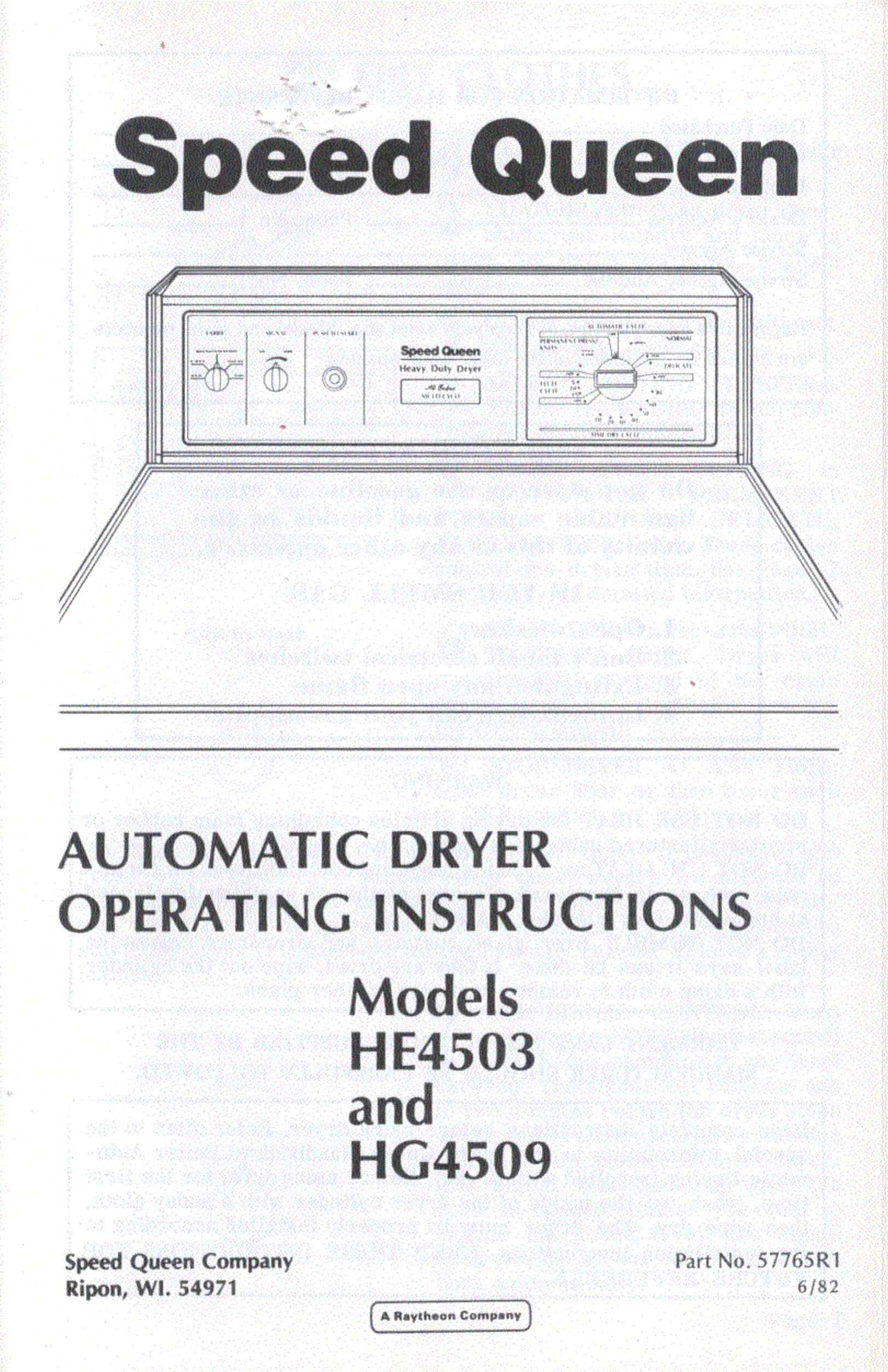 Speed Queen HG4509 Clothes Dryer User Manual