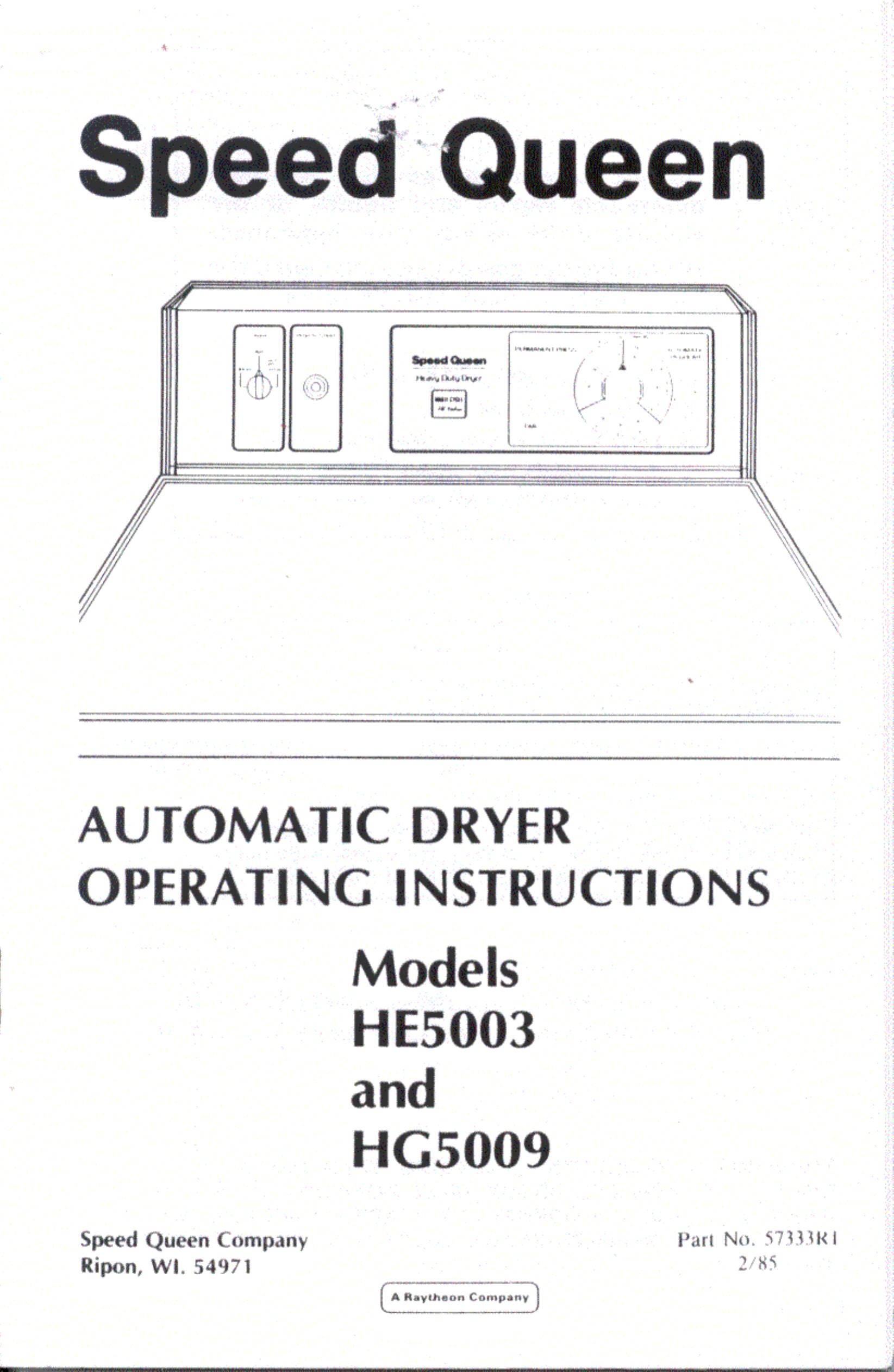 Speed Queen HG5009 Clothes Dryer User Manual