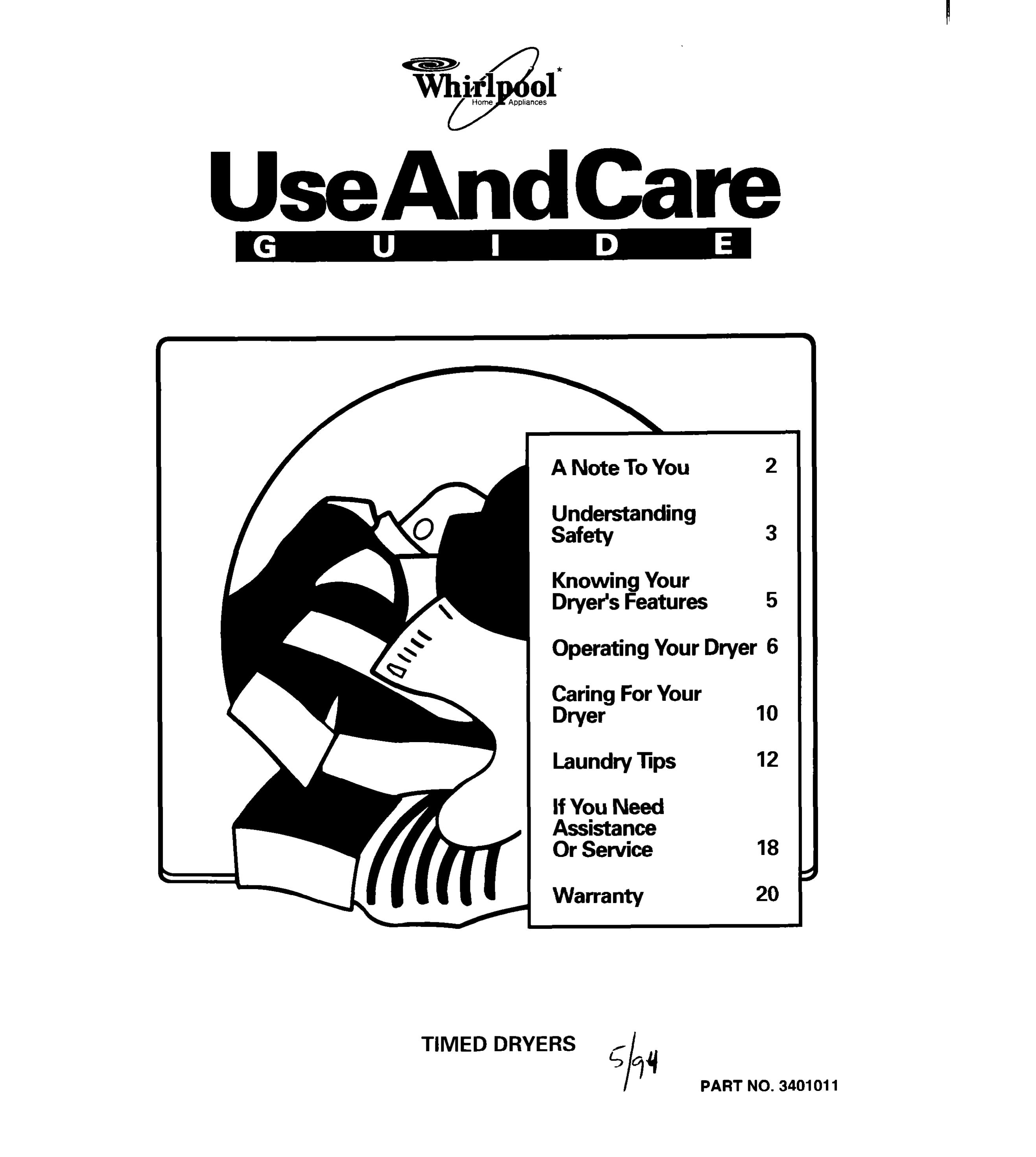 Whirlpool 3401011 Clothes Dryer User Manual
