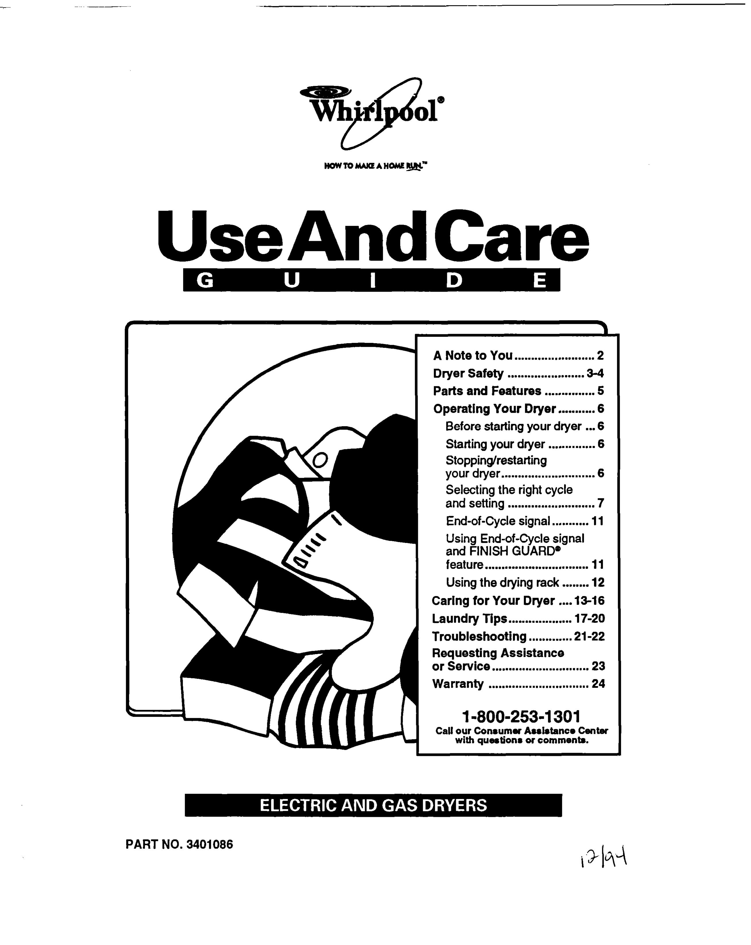 Whirlpool 3401086 Clothes Dryer User Manual
