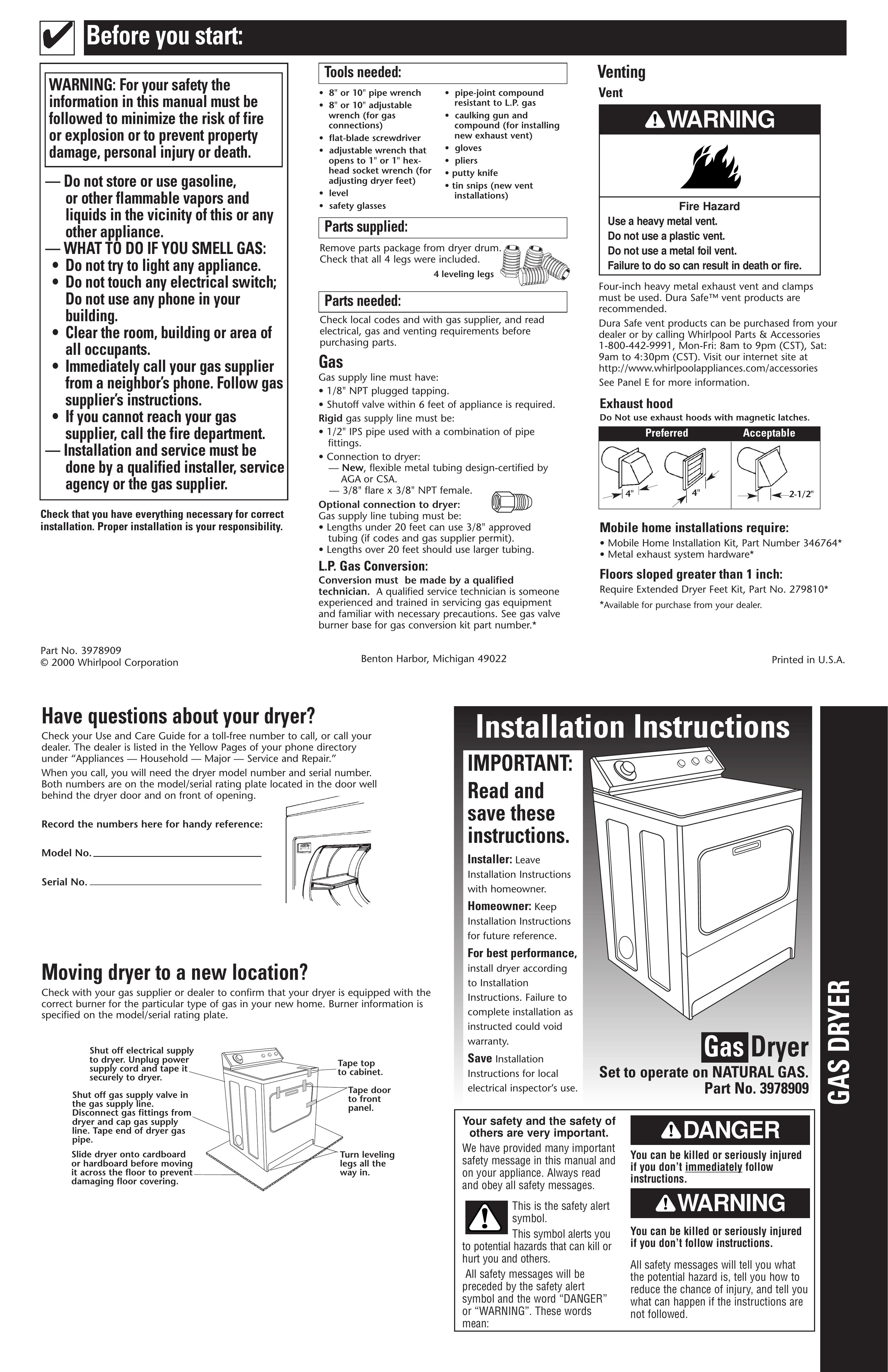 Whirlpool 3978909 Clothes Dryer User Manual