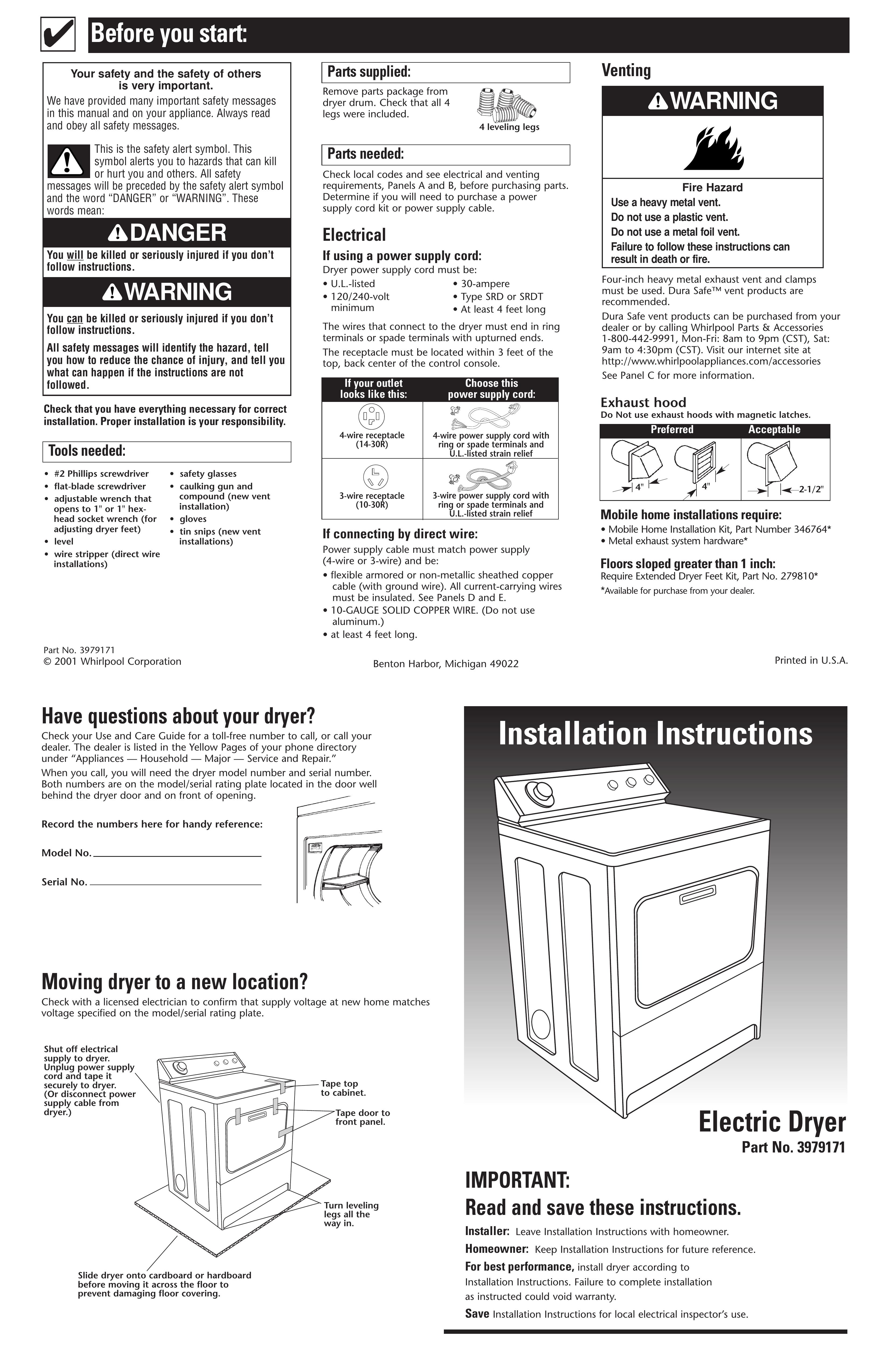 Whirlpool 3979171 Clothes Dryer User Manual