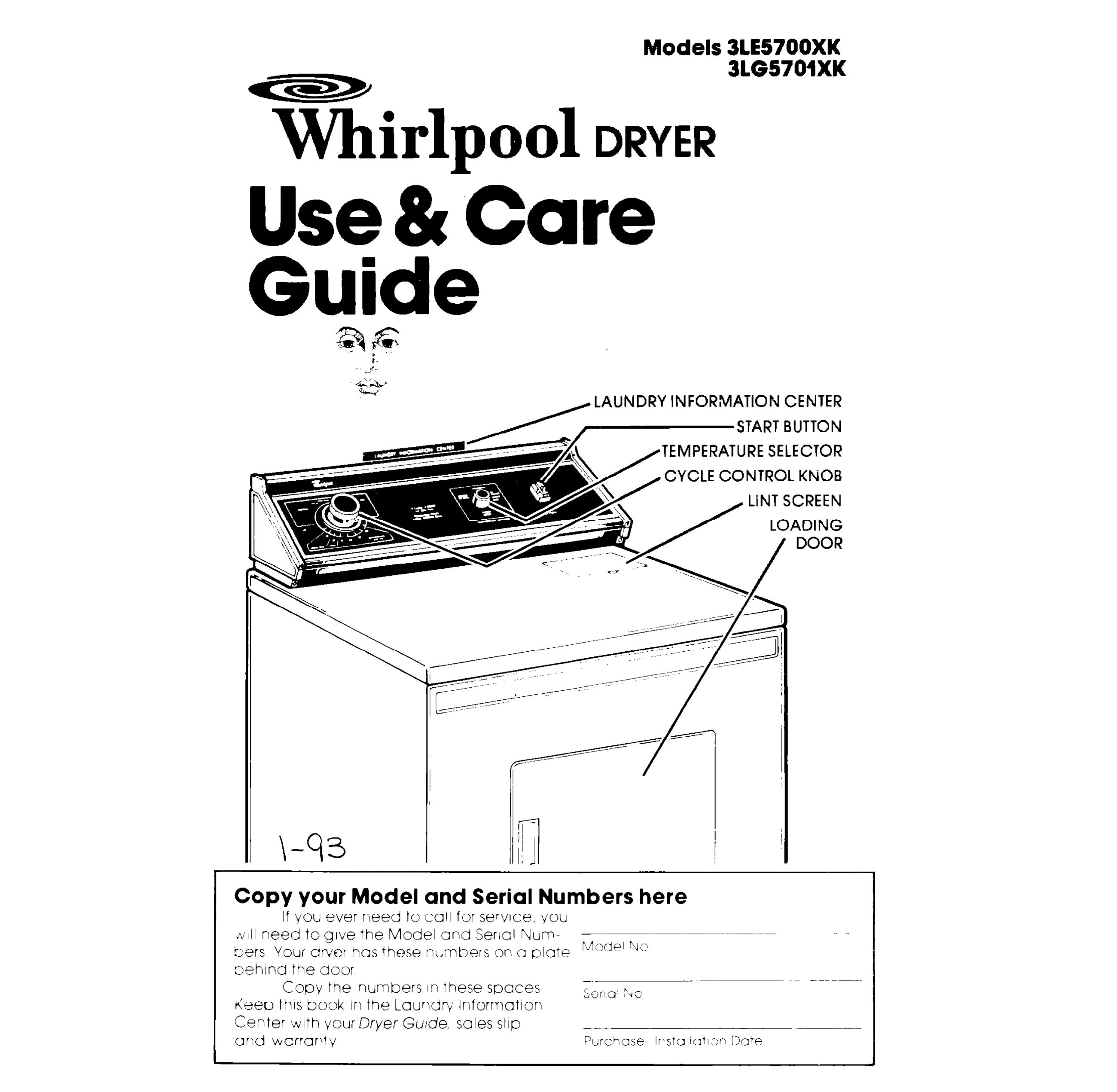 Whirlpool 3LG5701XK Clothes Dryer User Manual
