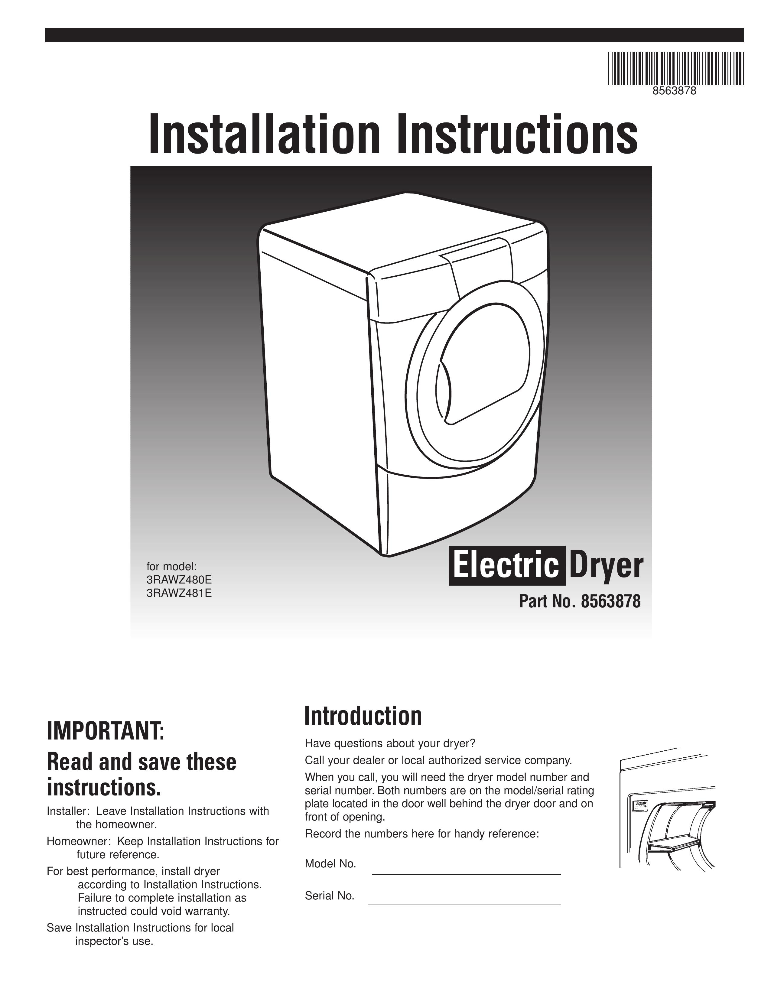 Whirlpool 3RAWZ480E Clothes Dryer User Manual