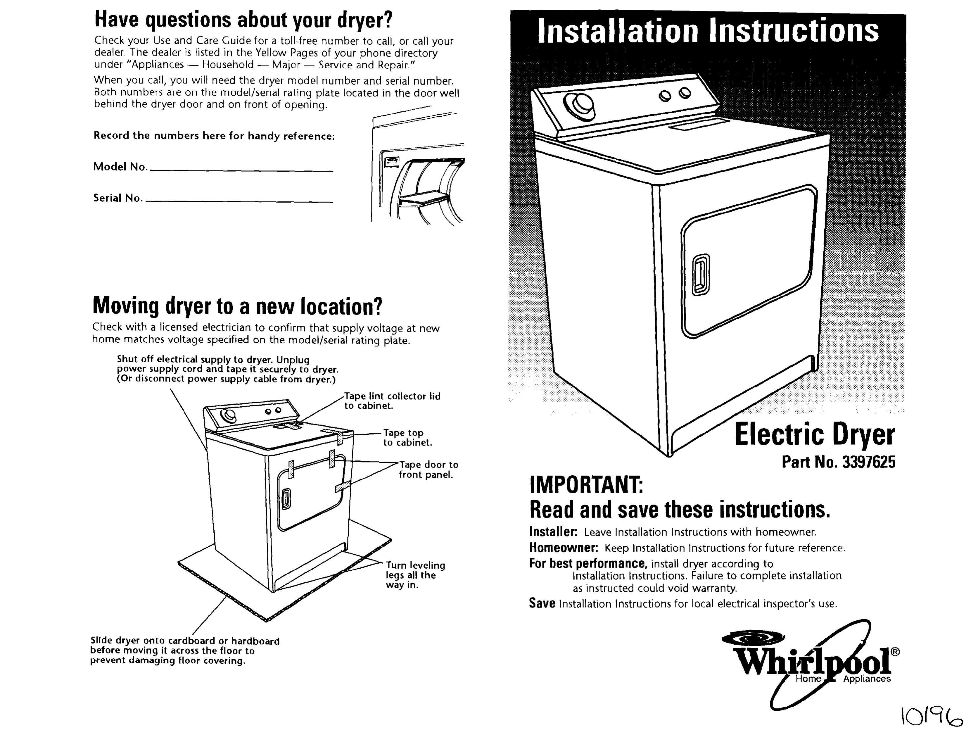 Whirlpool 4LEC7646EN0 Clothes Dryer User Manual