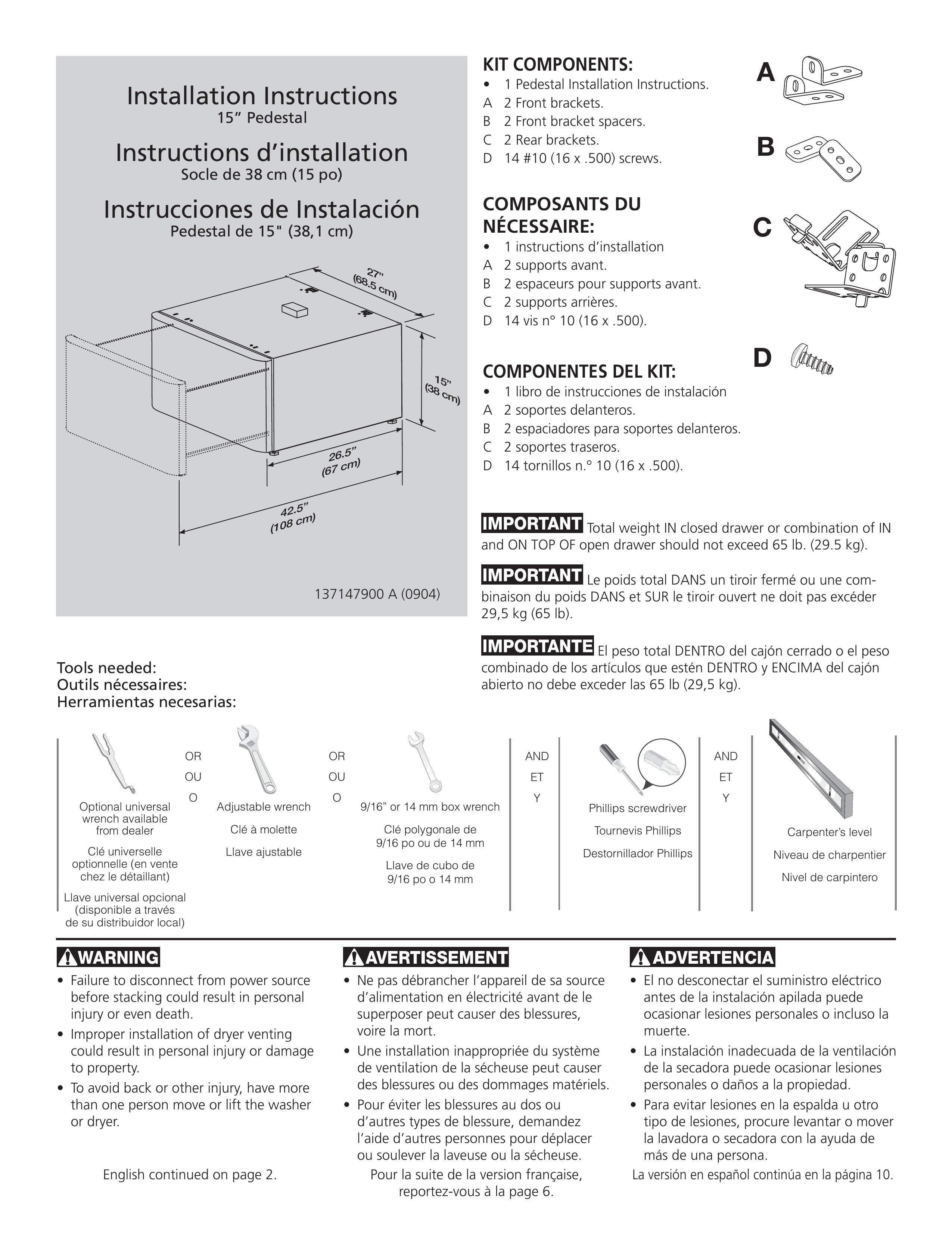 Frigidaire 137147900 A Dryer Accessories User Manual