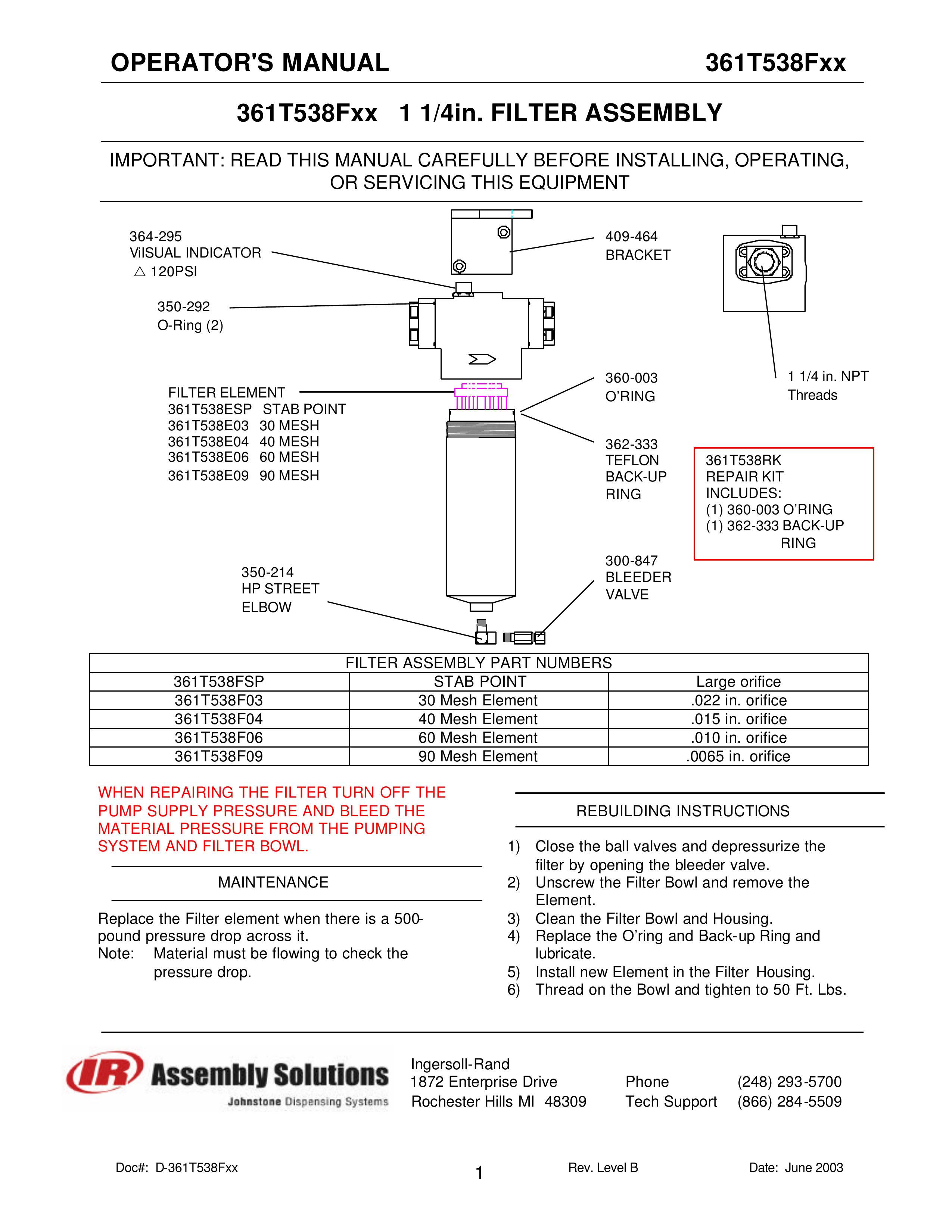 Ingersoll-Rand 361T538Fxx Dryer Accessories User Manual