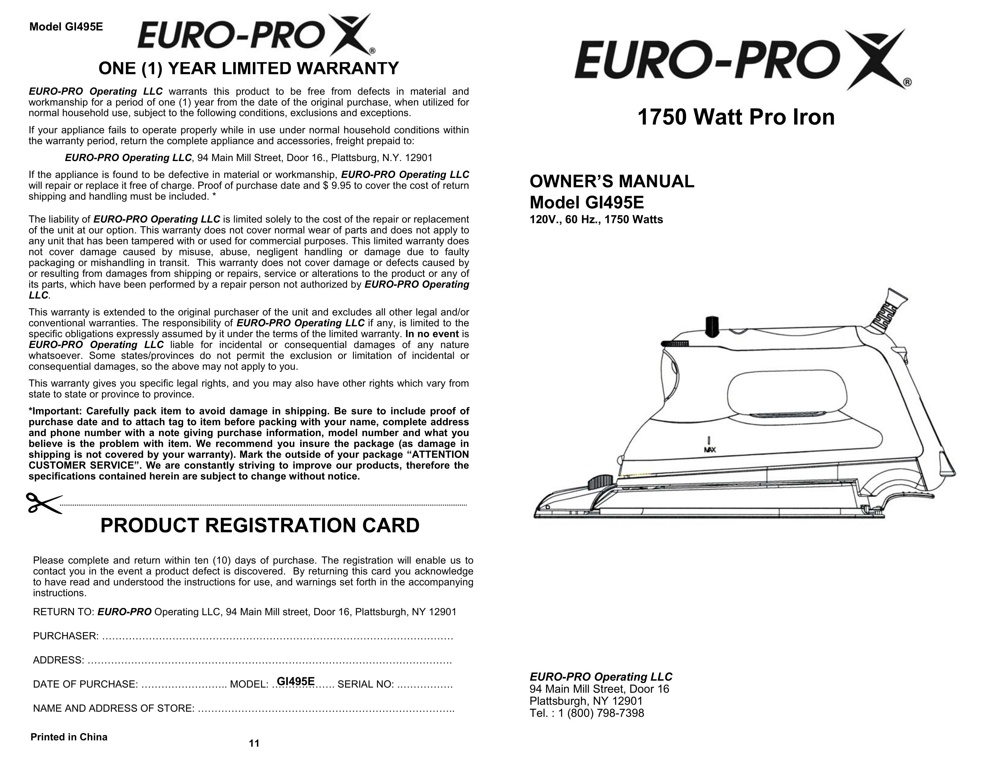 Euro-Pro GI495E Iron User Manual