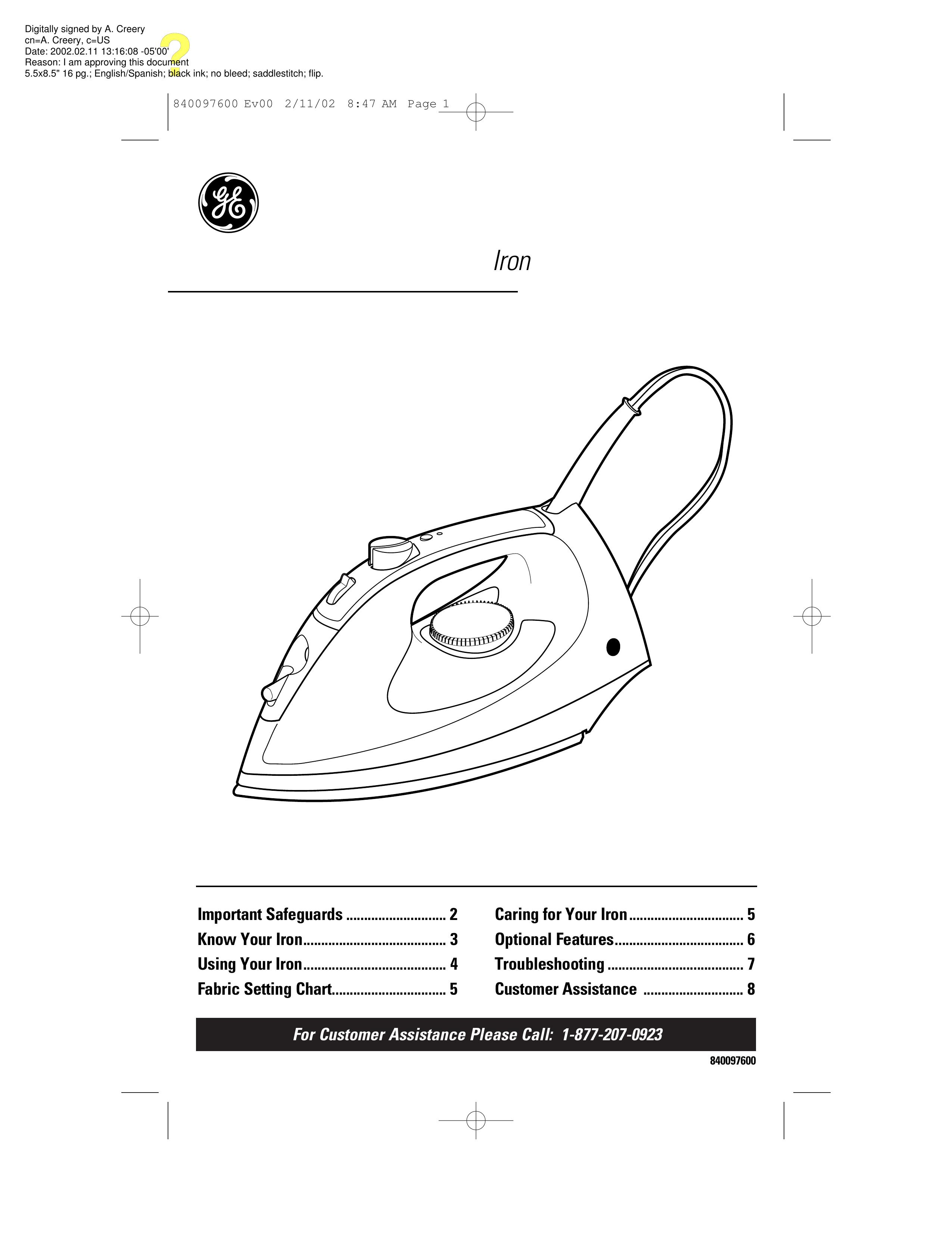 GE 106792 Iron User Manual