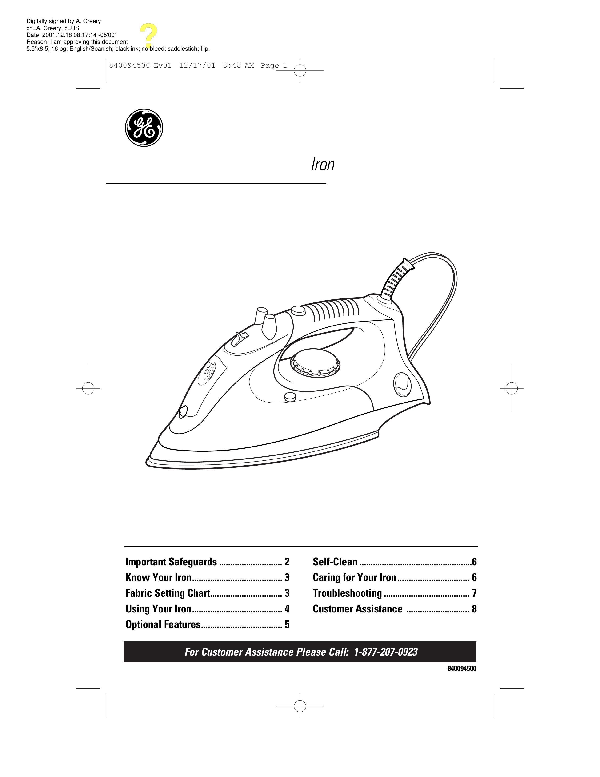 GE 106800 Iron User Manual
