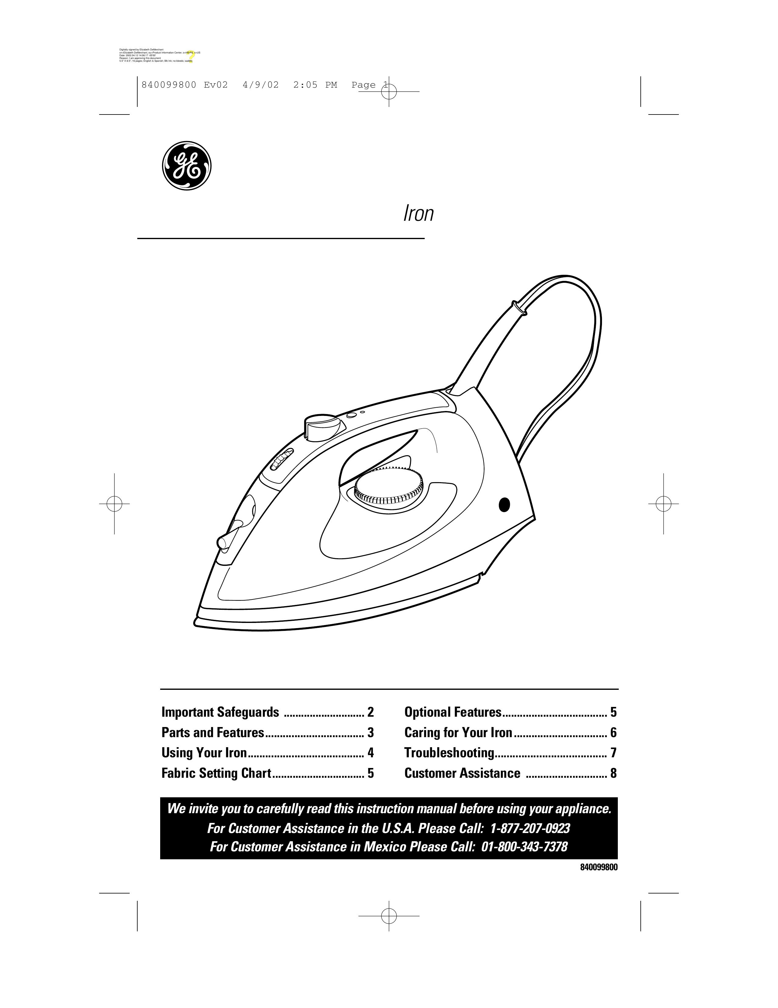 GE 169073 Iron User Manual
