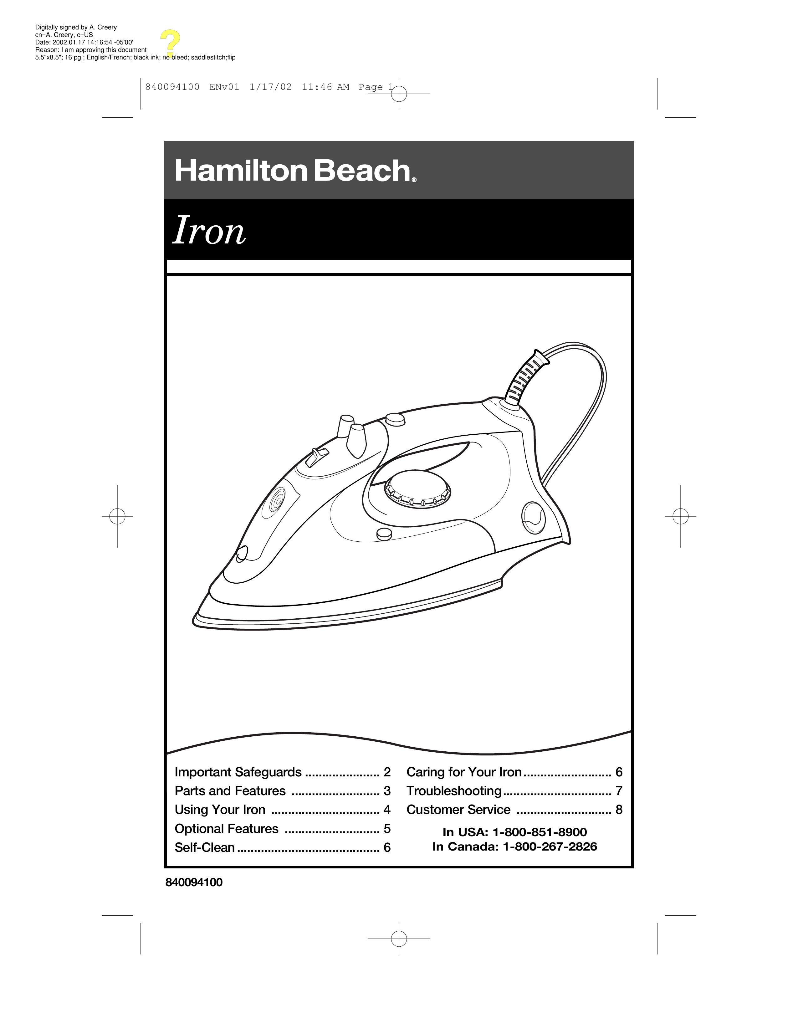 Hamilton Beach 14700 Iron User Manual