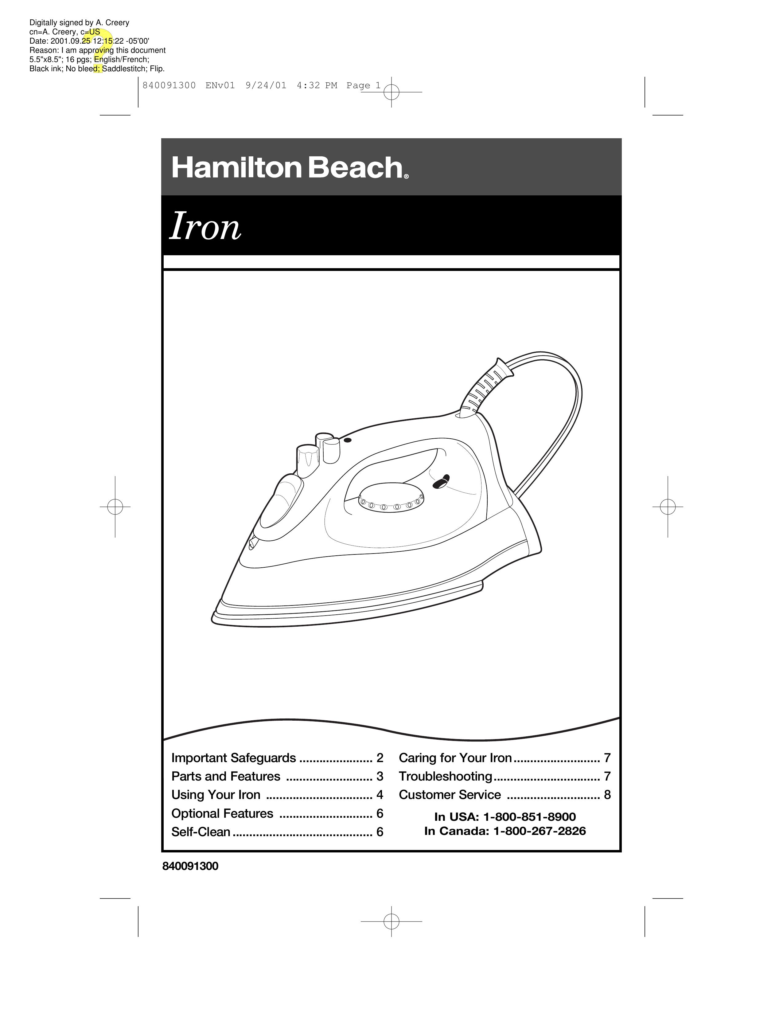 Hamilton Beach 840091300 Iron User Manual