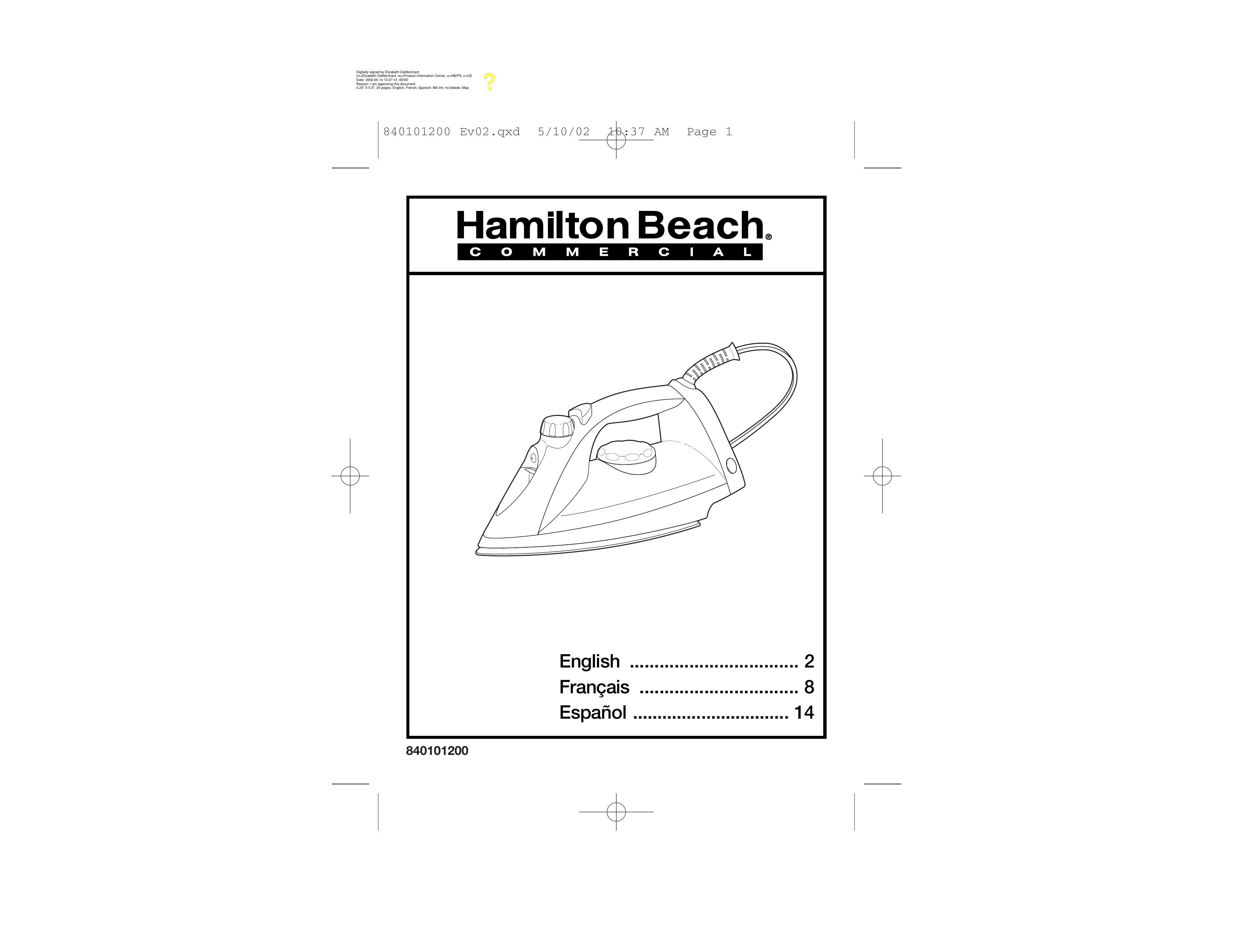 Hamilton Beach 840101200 Iron User Manual
