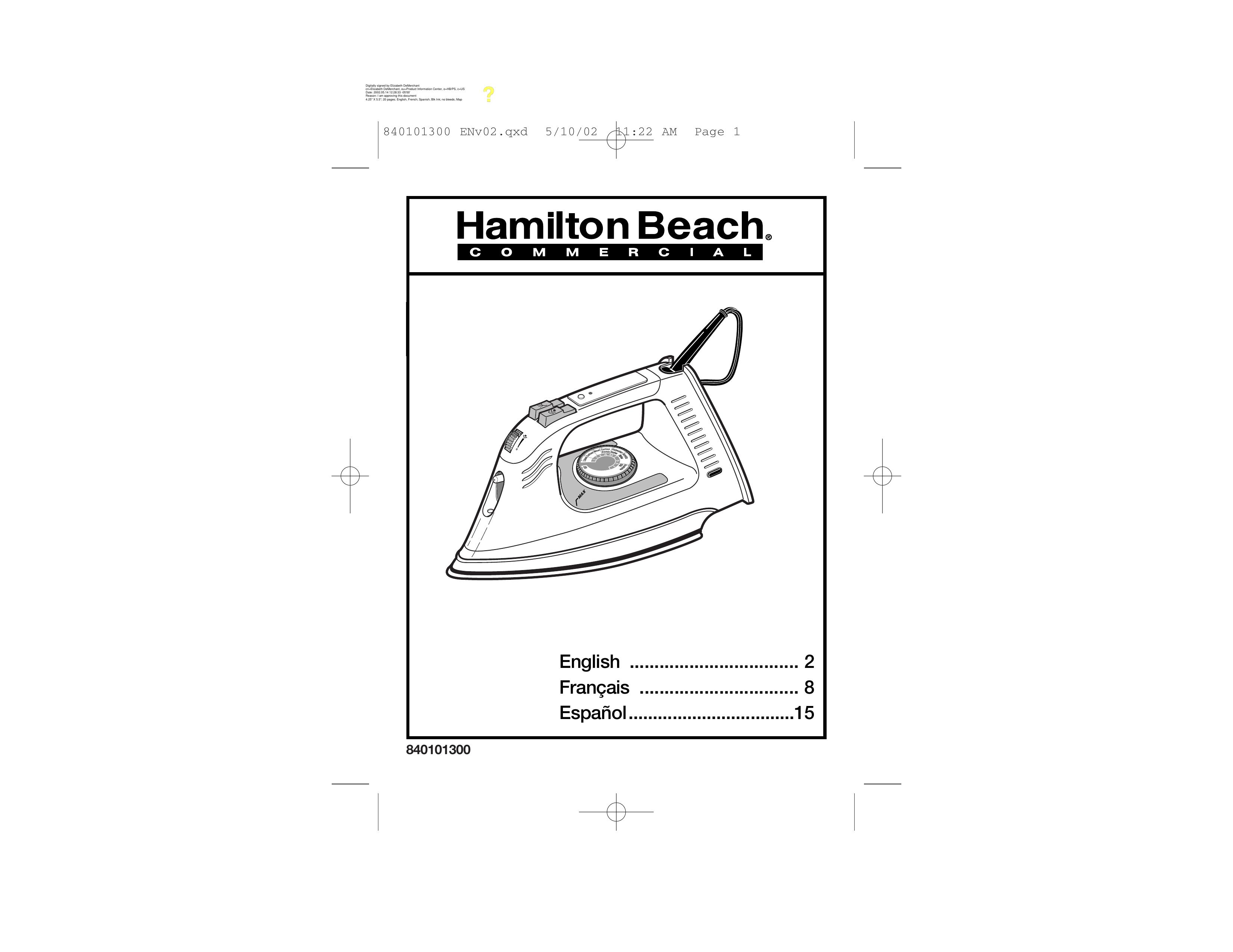 Hamilton Beach 840101300 Iron User Manual