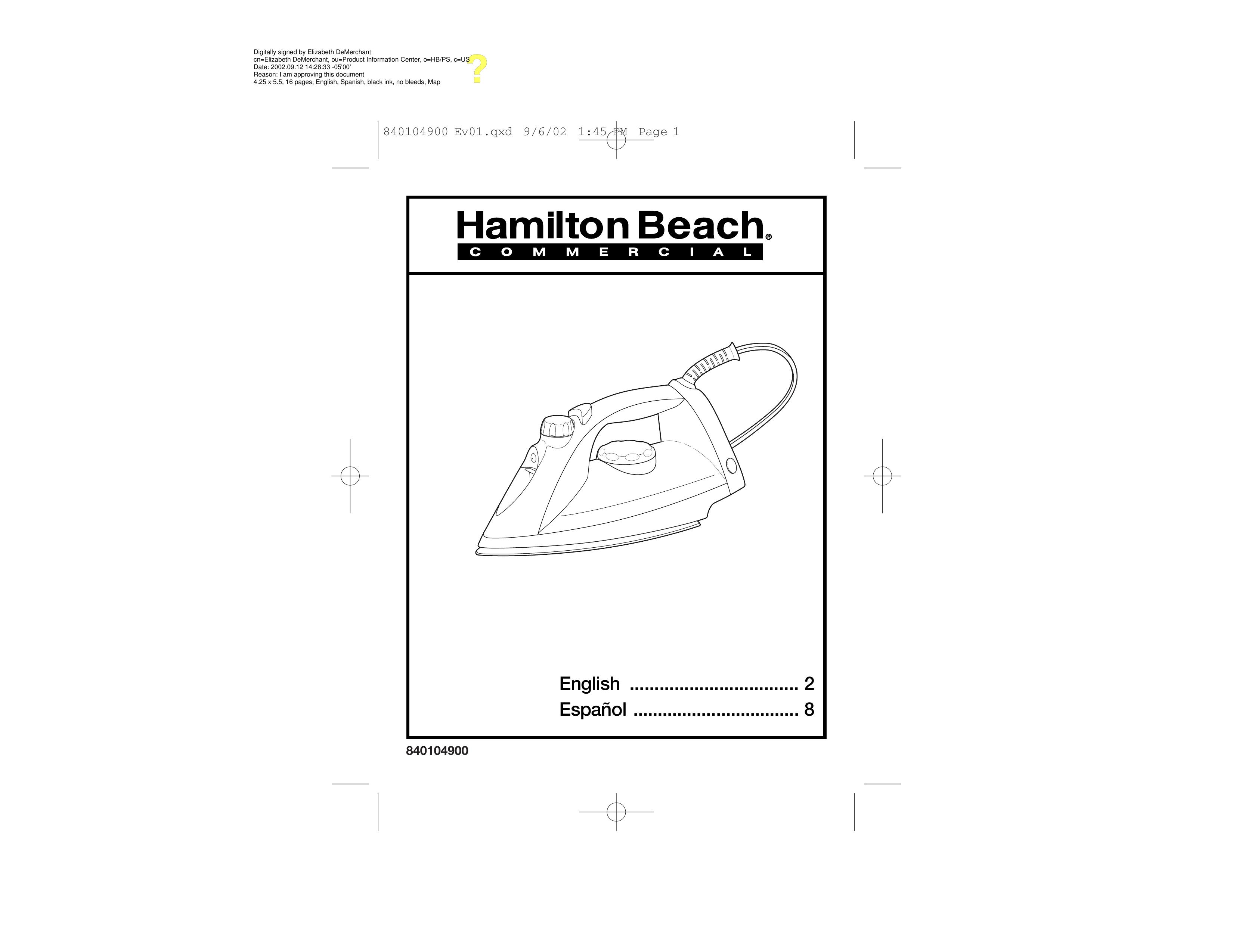 Hamilton Beach 840104900 Iron User Manual