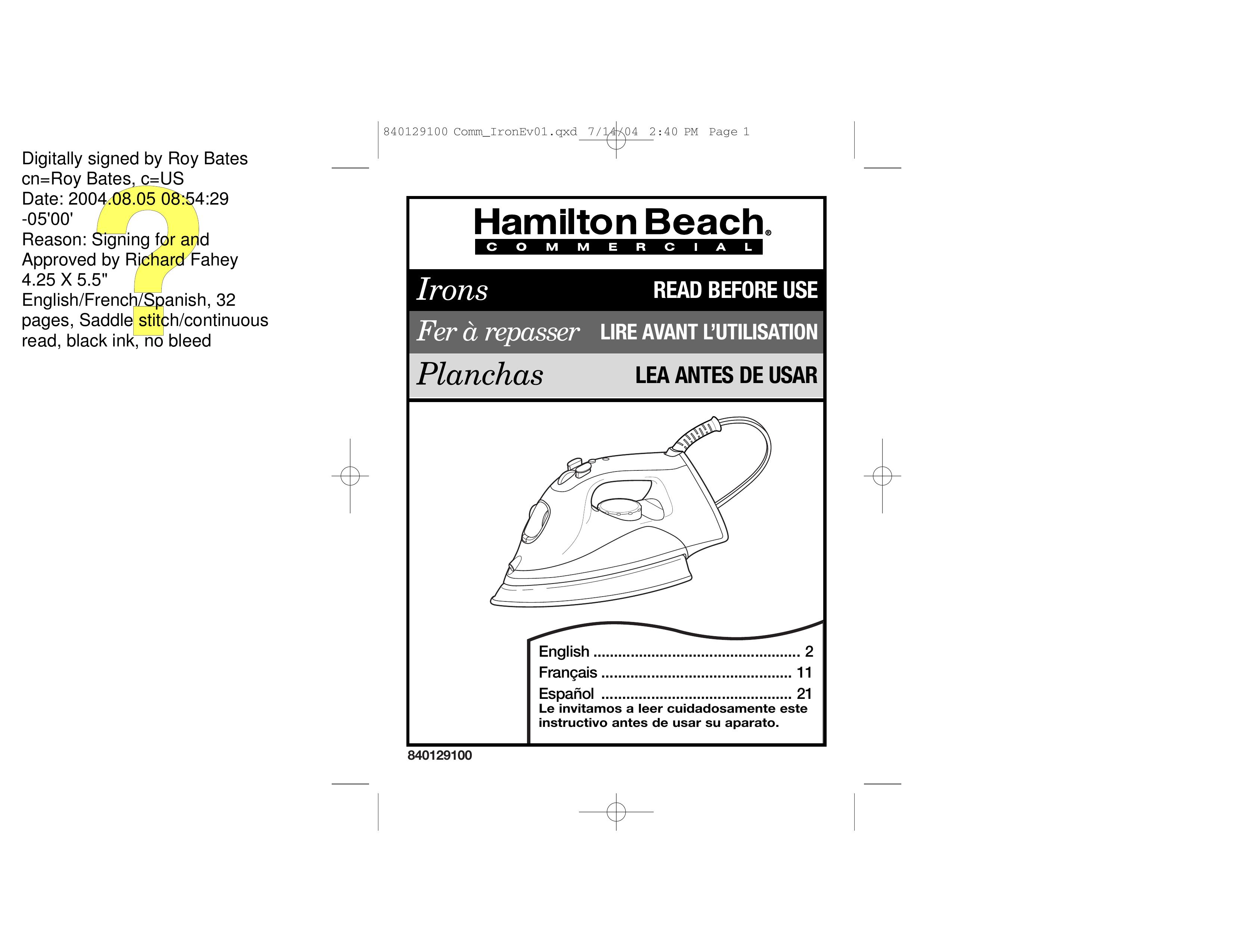 Hamilton Beach 840129100 Iron User Manual