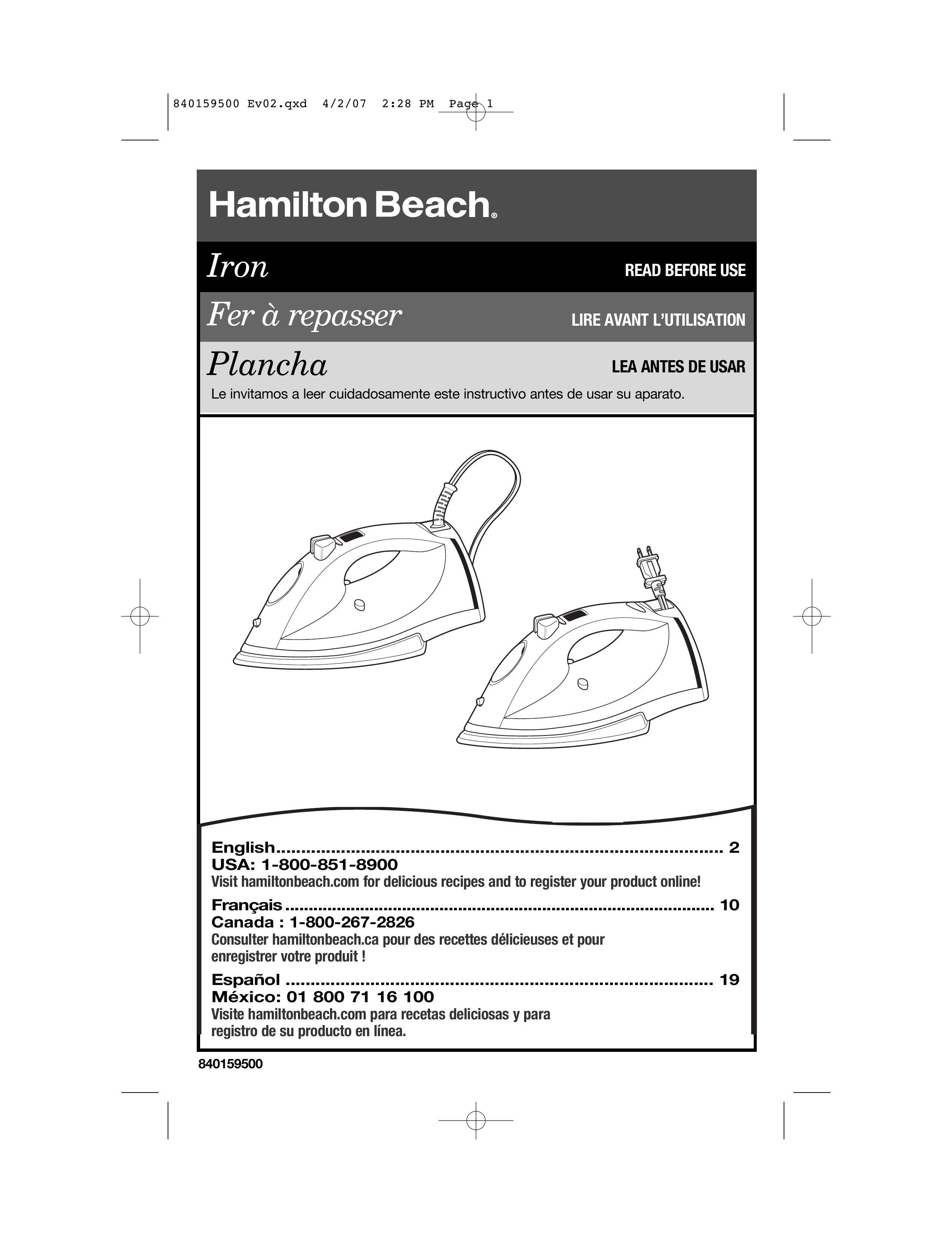 Hamilton Beach 840159500 Iron User Manual