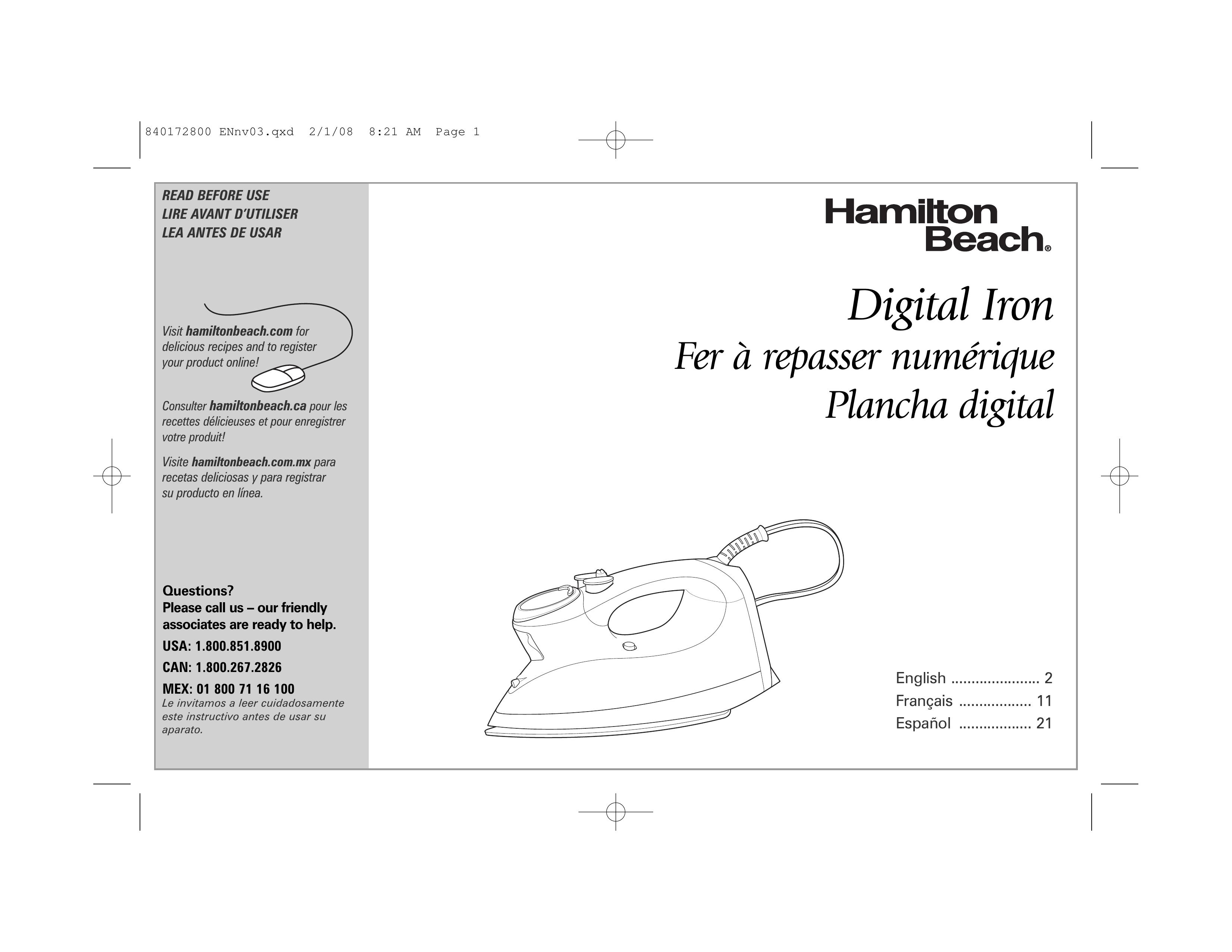 Hamilton Beach 840172800 Iron User Manual