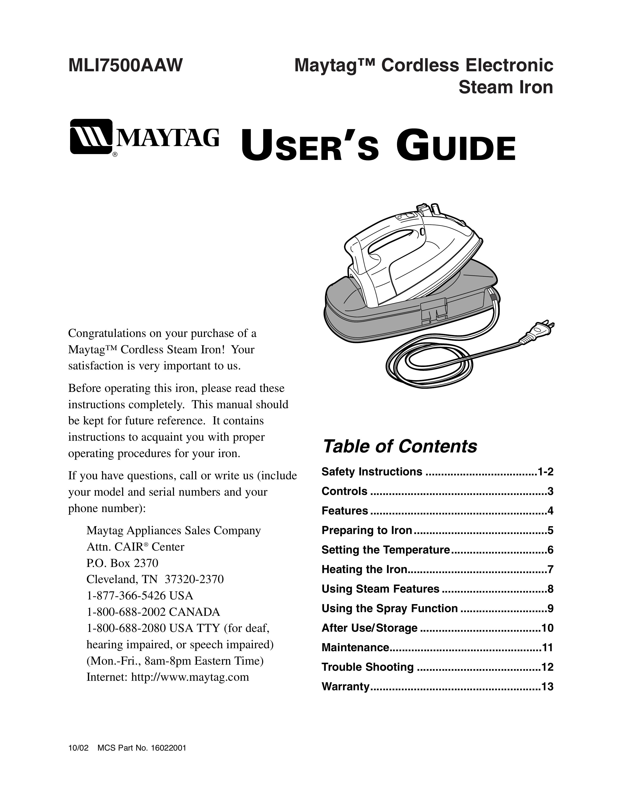 Maytag MLI7500AAW Iron User Manual