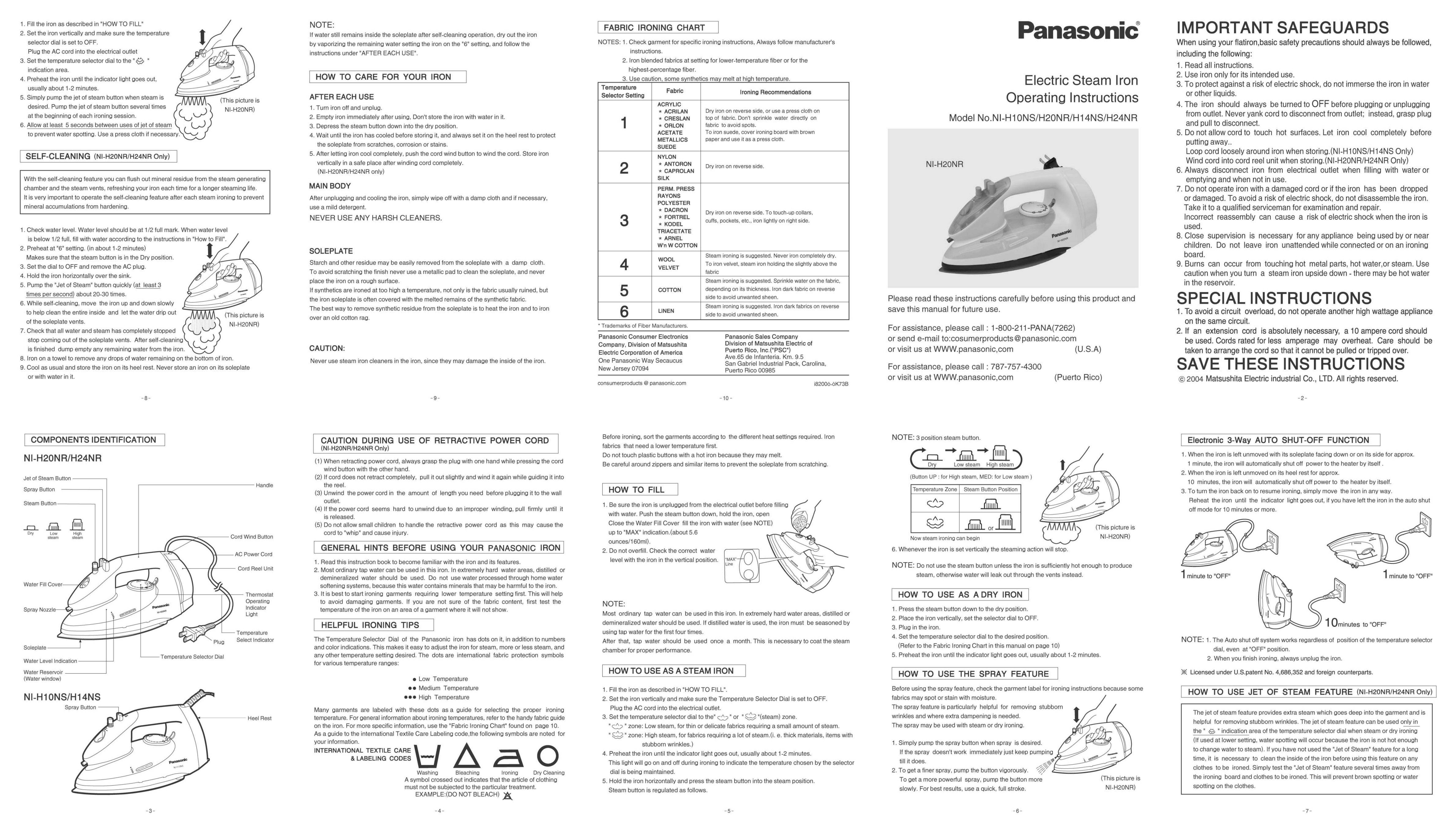 Panasonic NI-H20NR Iron User Manual