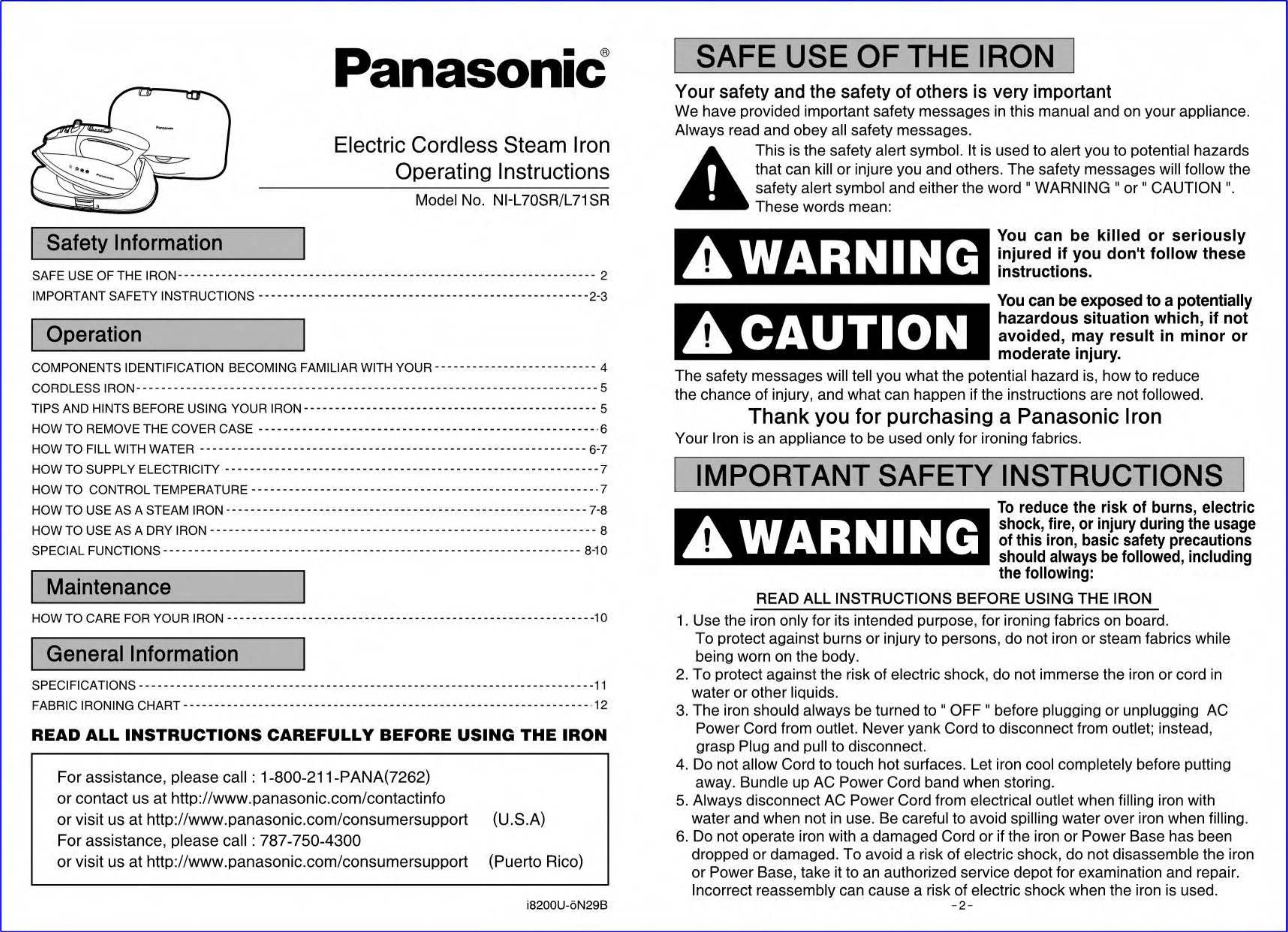 Panasonic NI-L70SR Iron User Manual