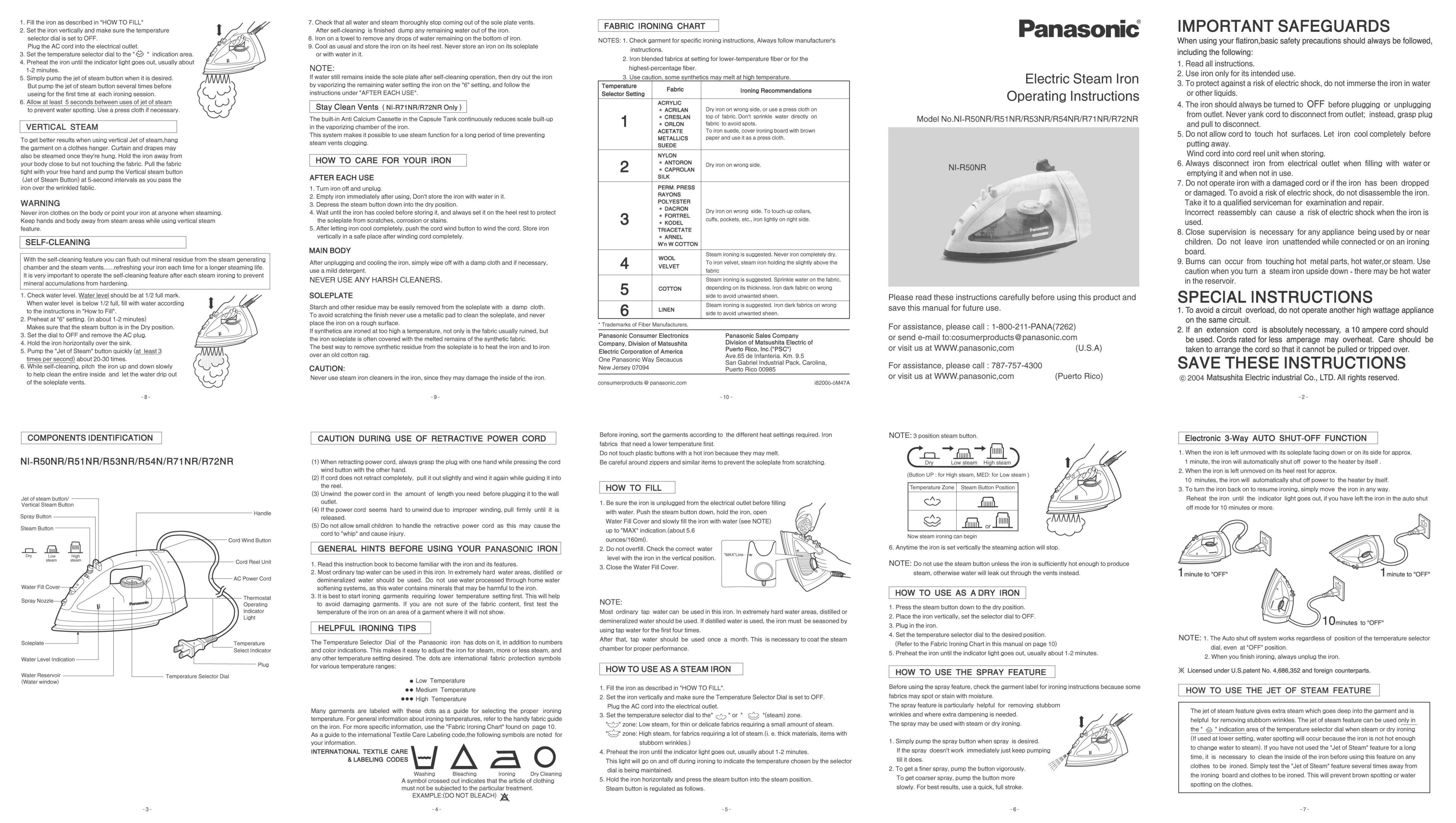 Panasonic NI-R50NR Iron User Manual