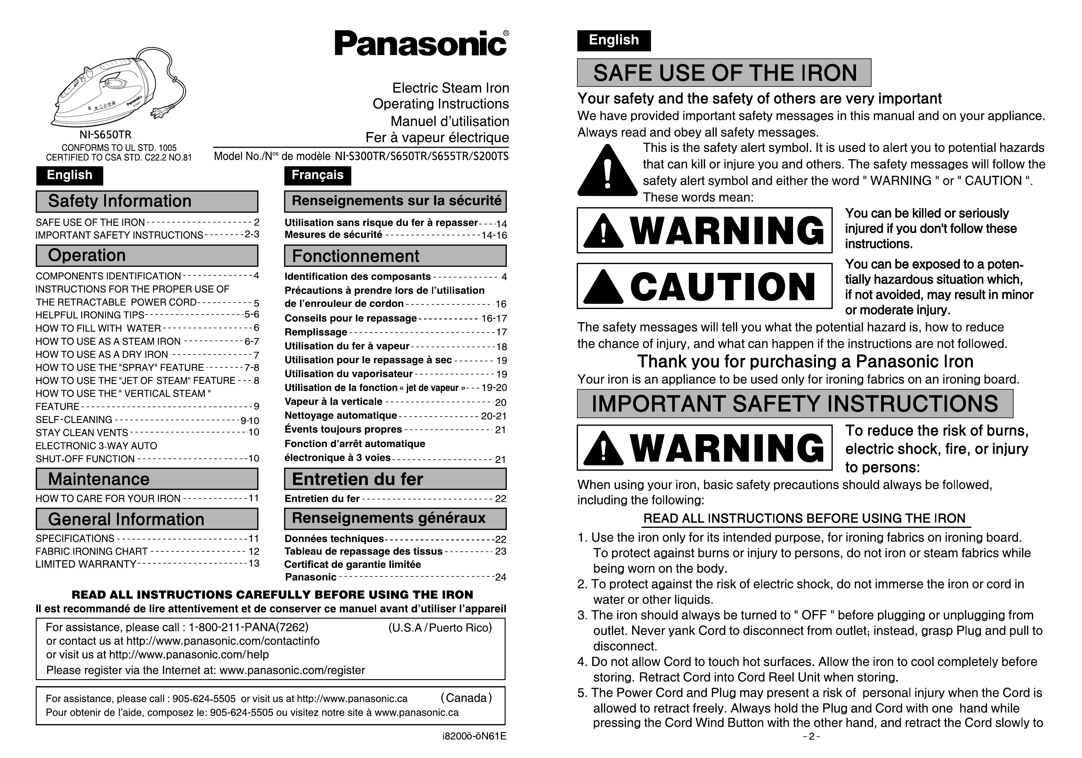 Panasonic NI-S655TR Iron User Manual