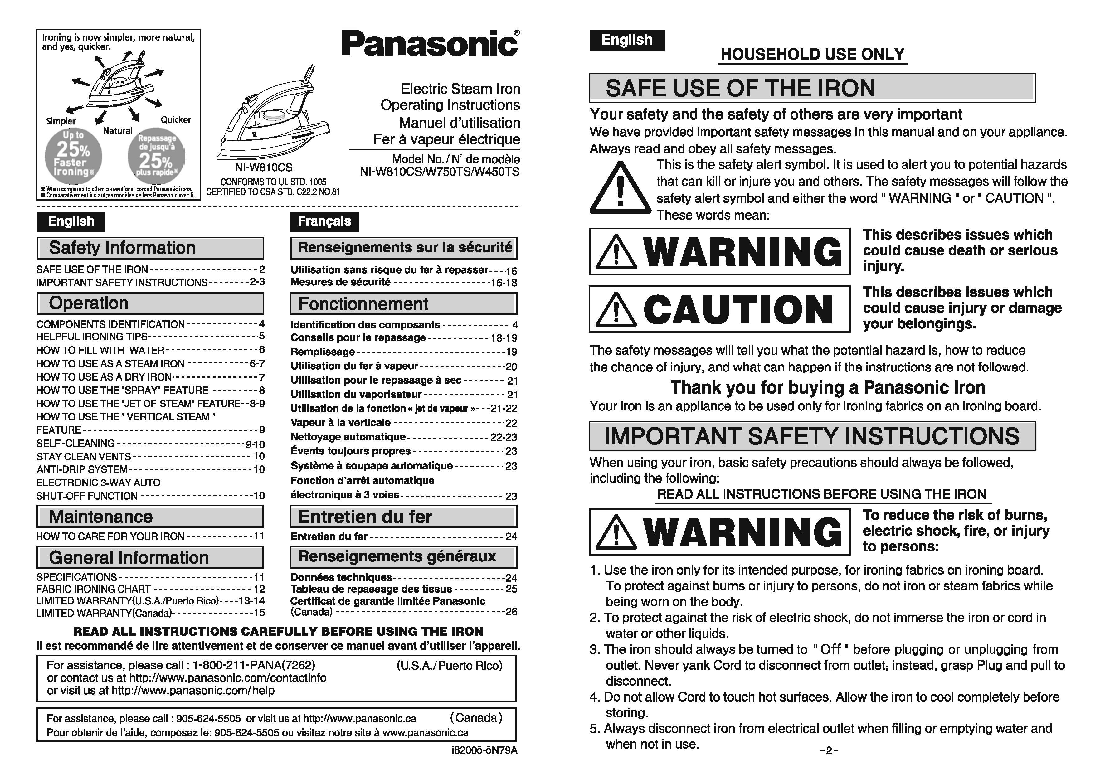 Panasonic NI-W810CS Iron User Manual