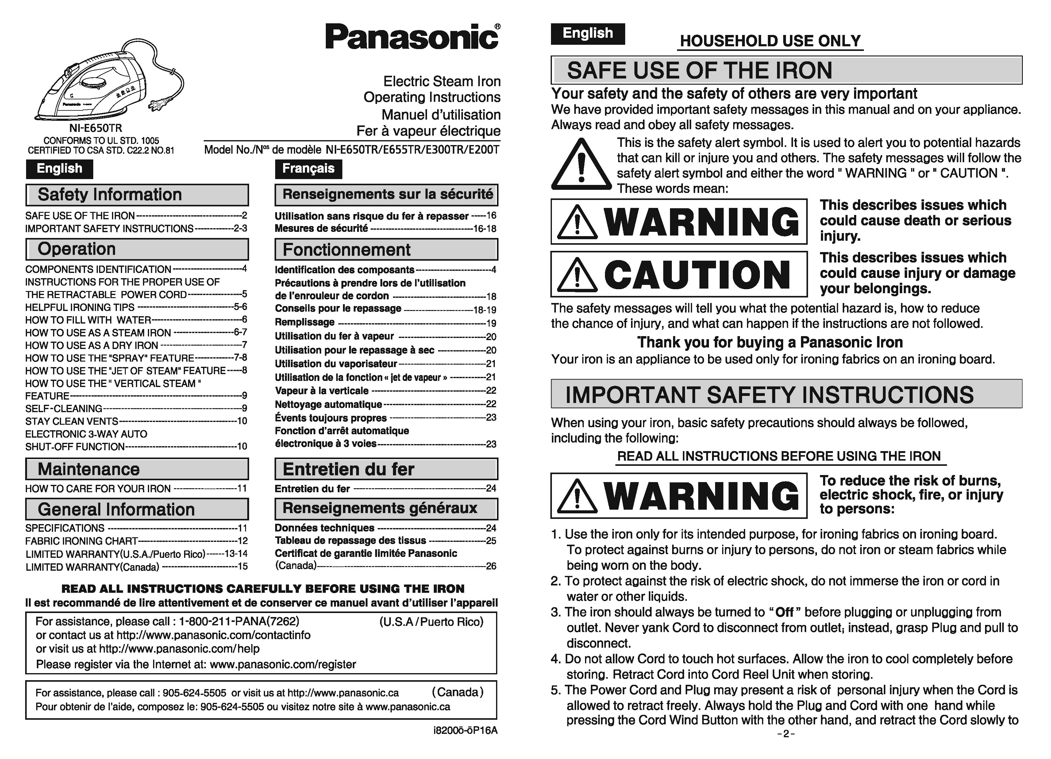 Panasonic NIE650TR Iron User Manual
