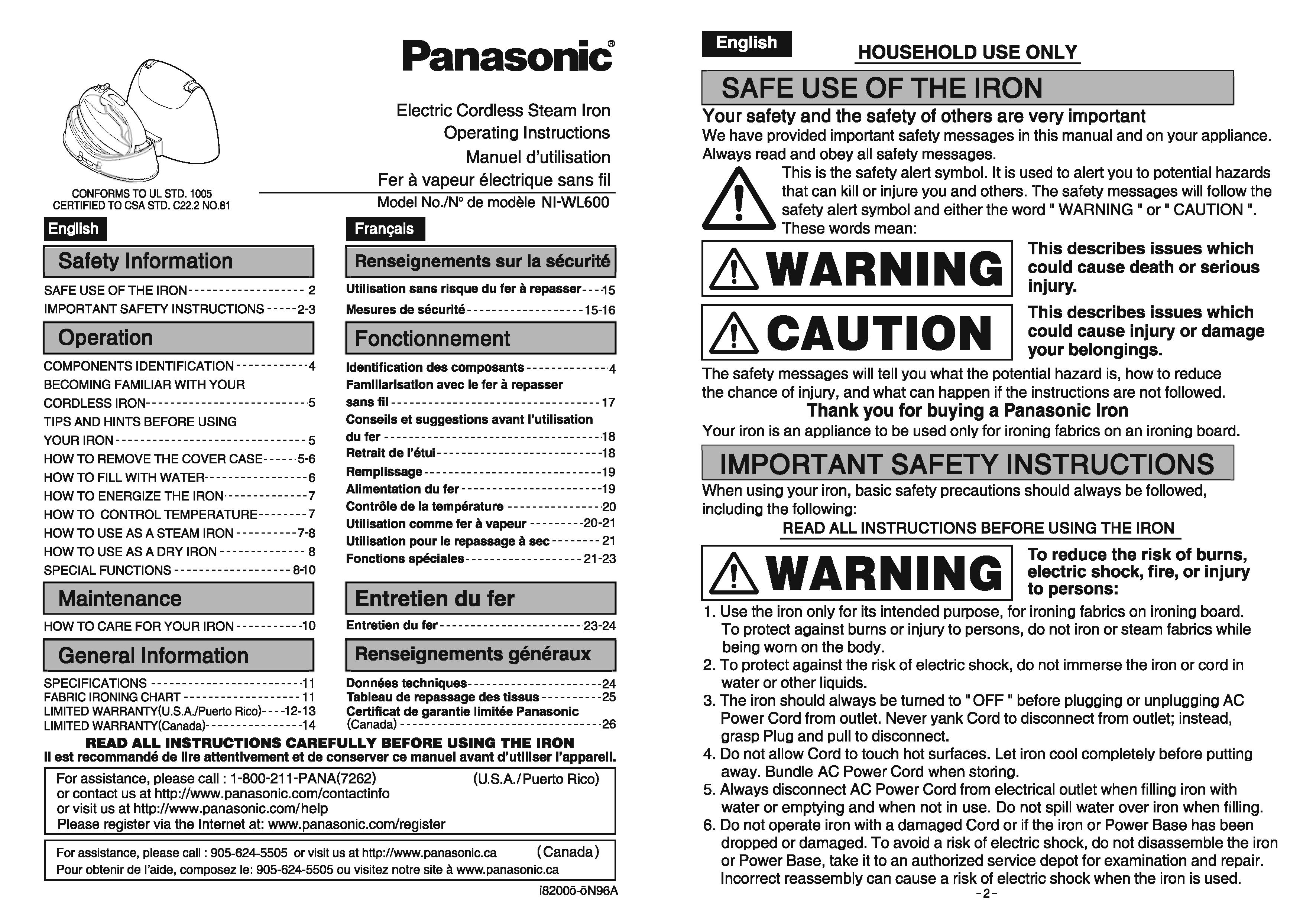 Panasonic NIWL600 Iron User Manual