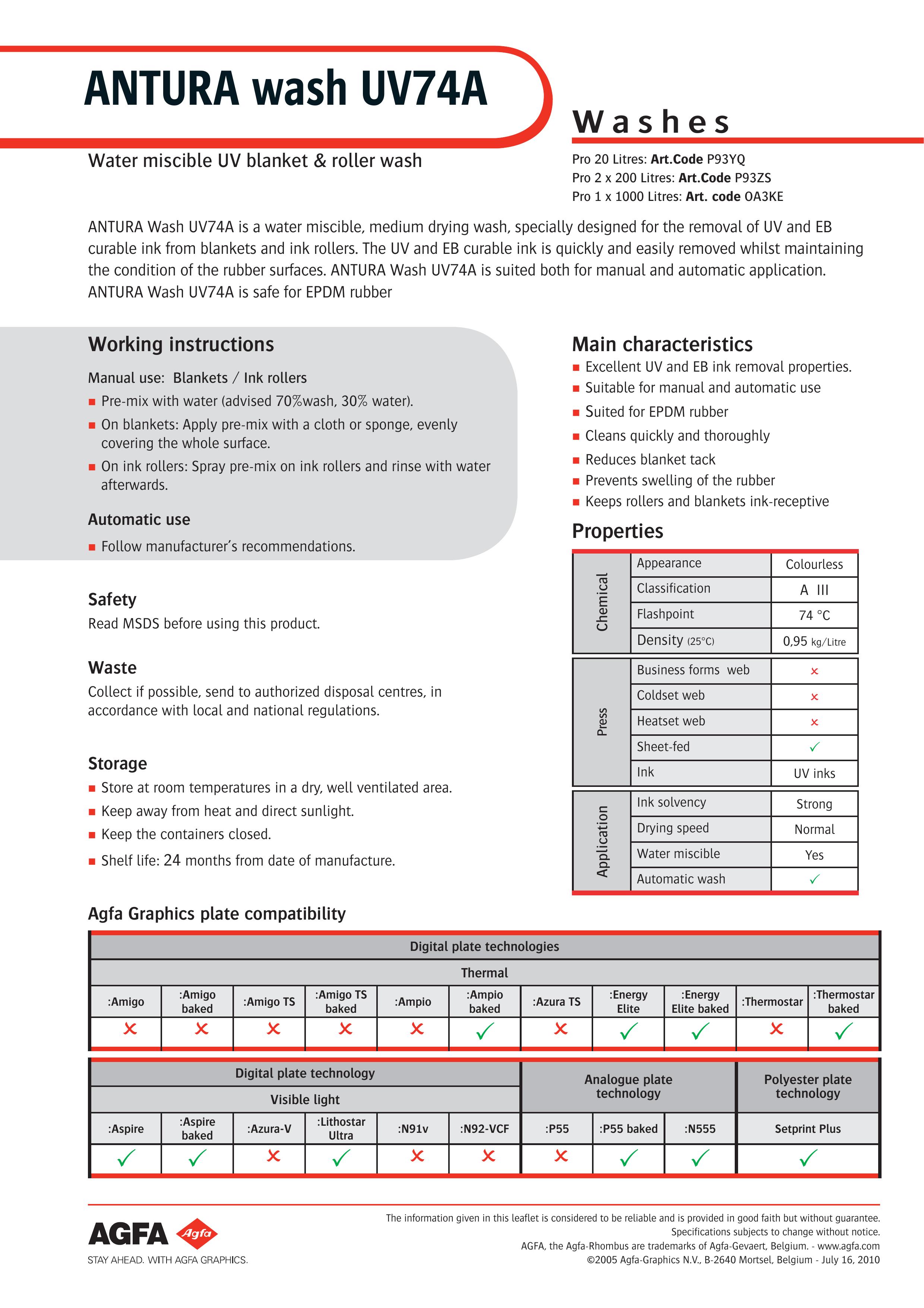 AGFA UV74A Washer User Manual